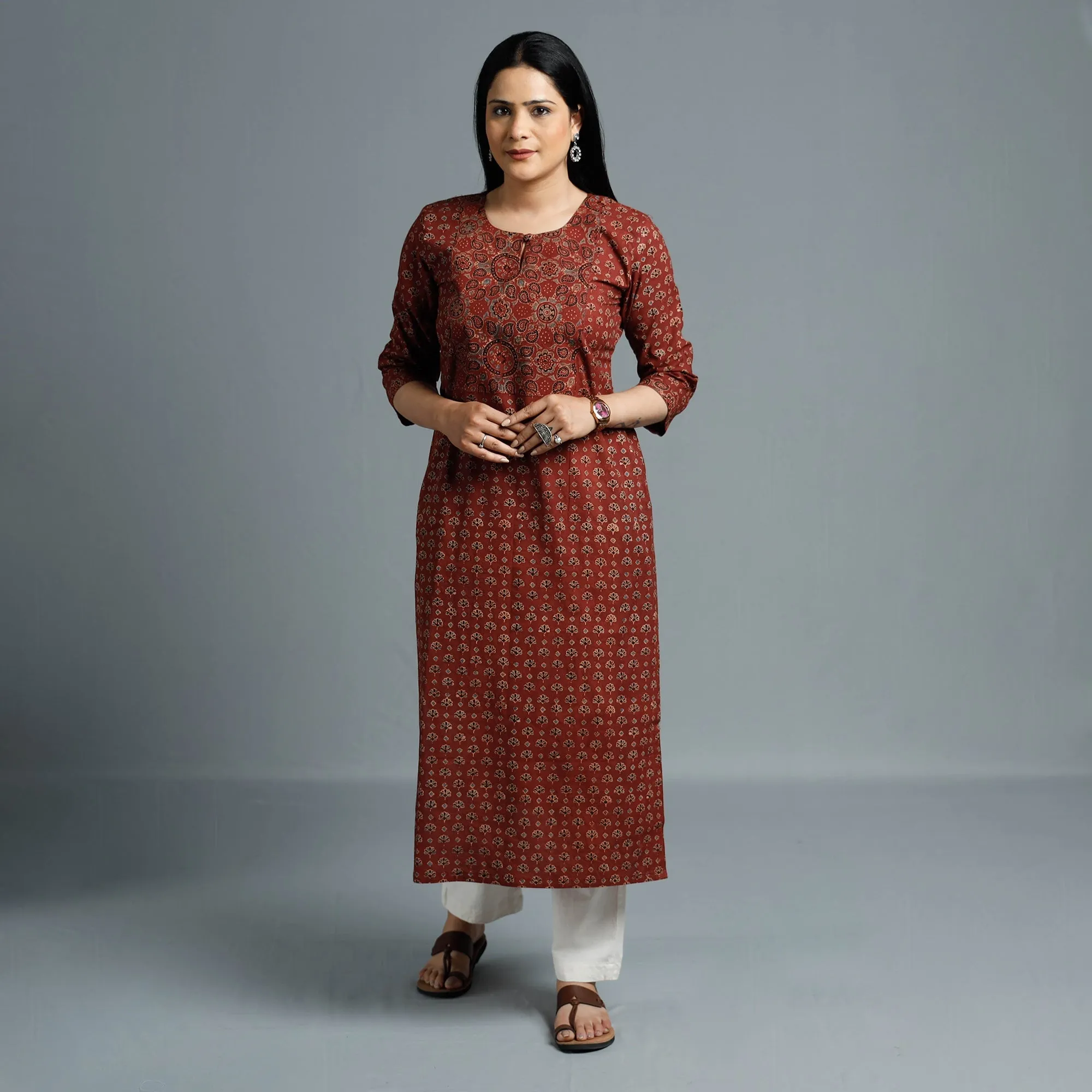 Maroon - Cotton Long Kurta in Ajrakh Block Prints of Kutch sold by Itokri product image thumbnail 2