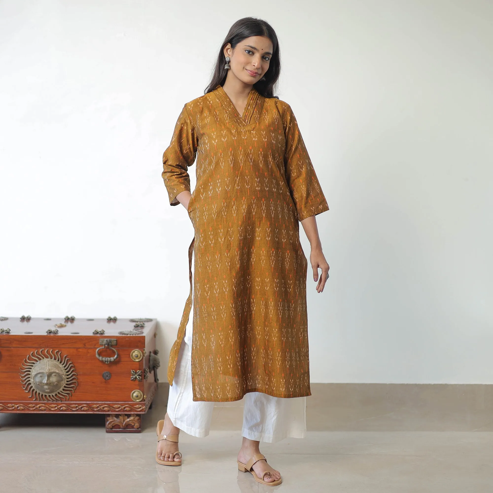 Brown - Mercerised Cotton Pochampally Ikat Kurta (Straight) 14 sold by Itokri product image thumbnail 3
