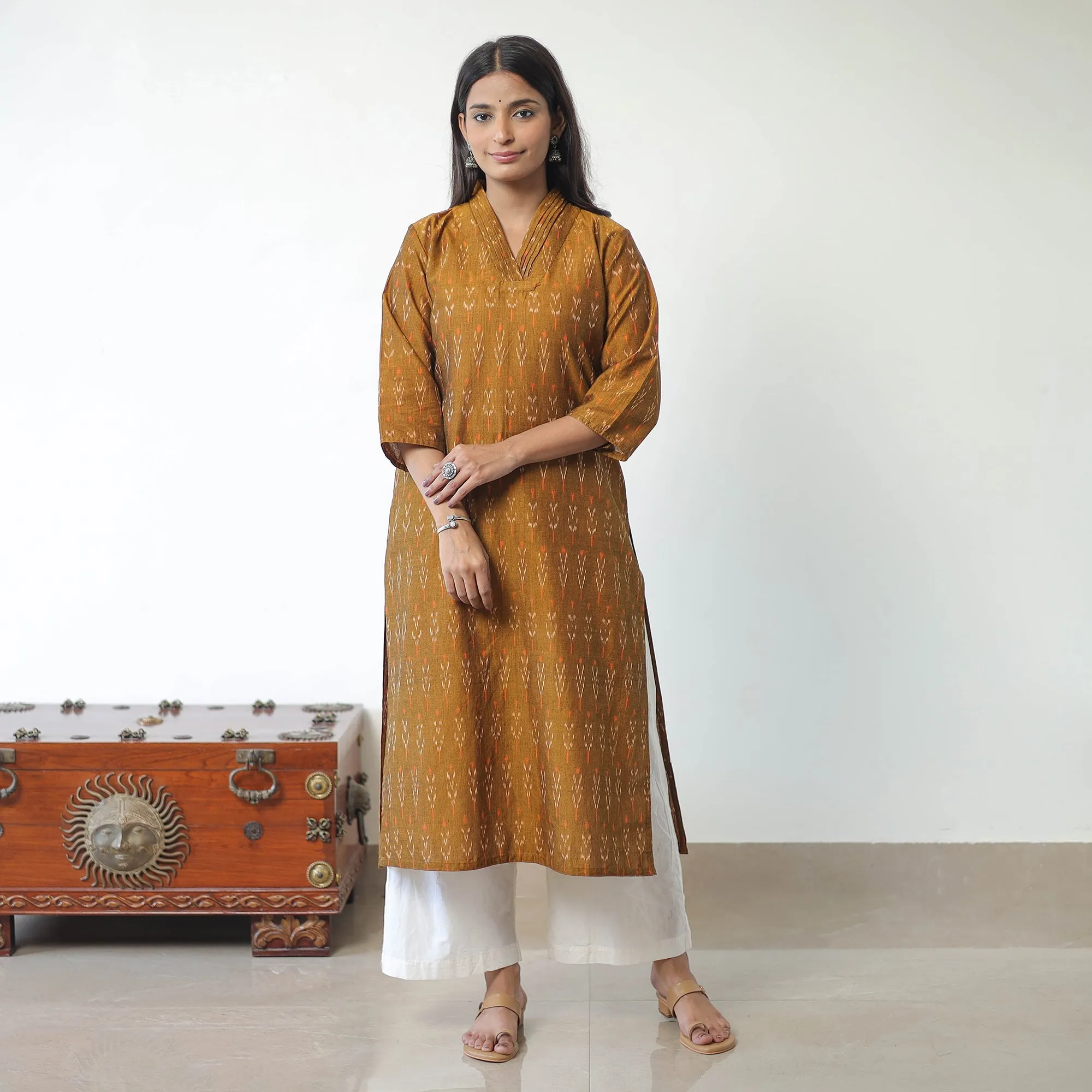 Brown - Mercerised Cotton Pochampally Ikat Kurta (Straight) 14 sold by Itokri product image thumbnail 2