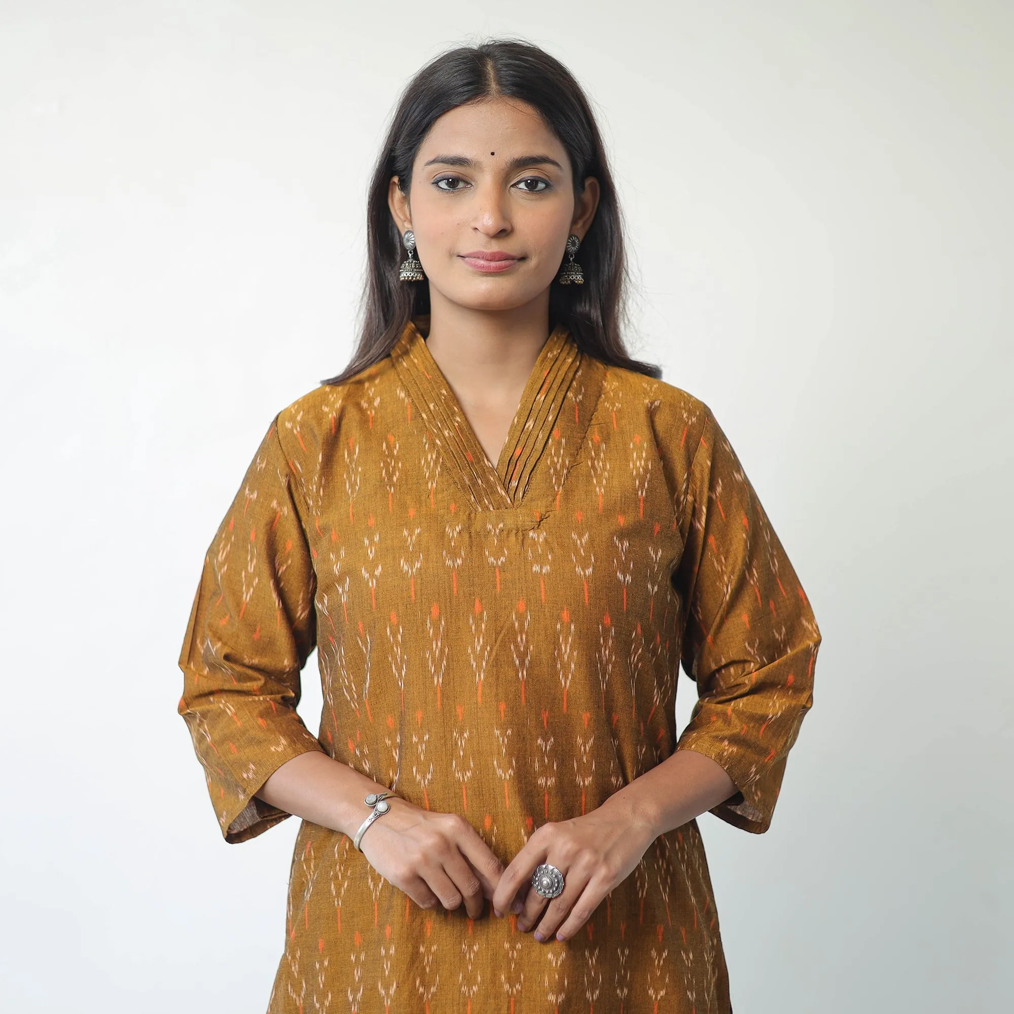 Brown - Mercerised Cotton Pochampally Ikat Kurta (Straight) 14 sold by Itokri