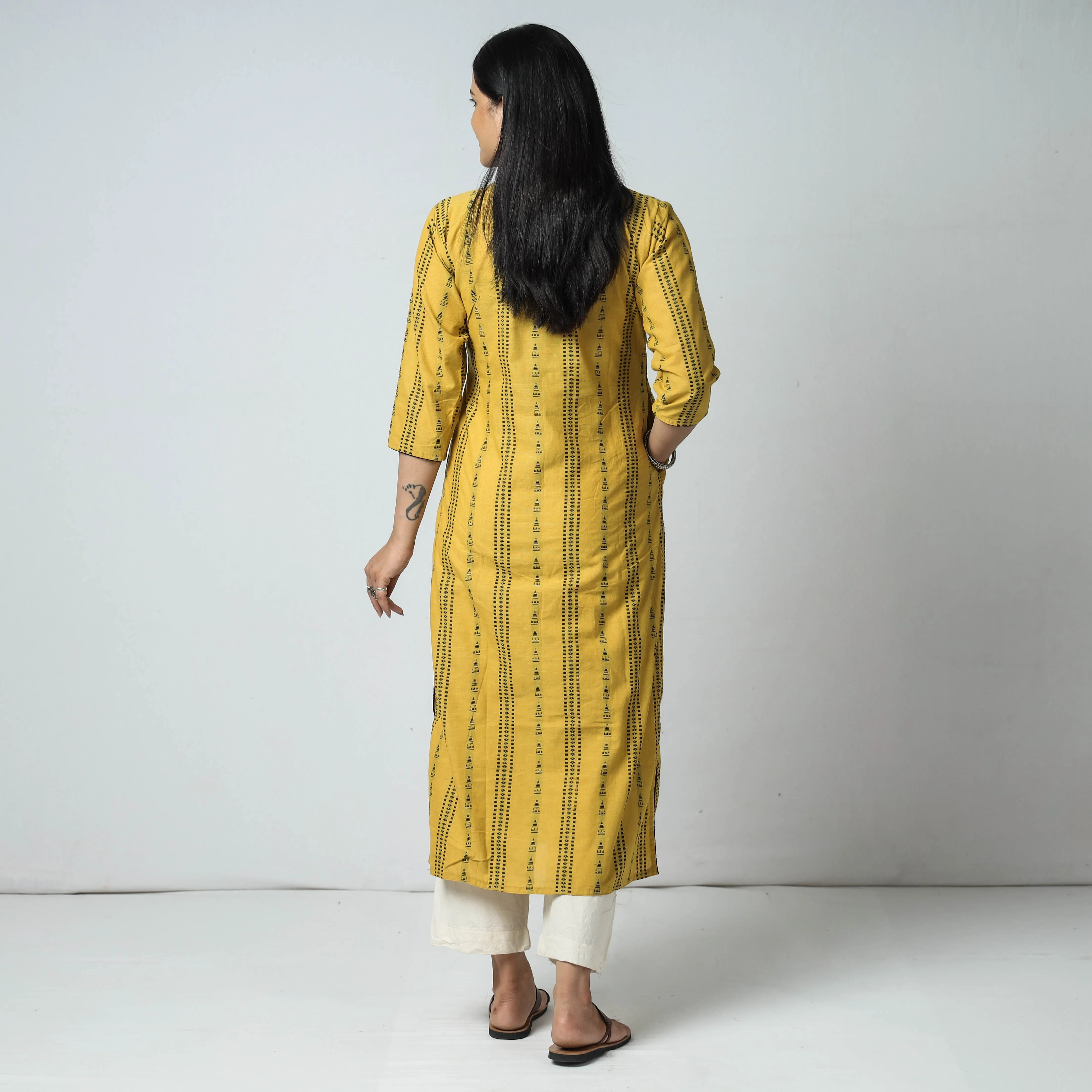 Yellow Jacquard Cotton Long kurta sold by Itokri product image thumbnail 4