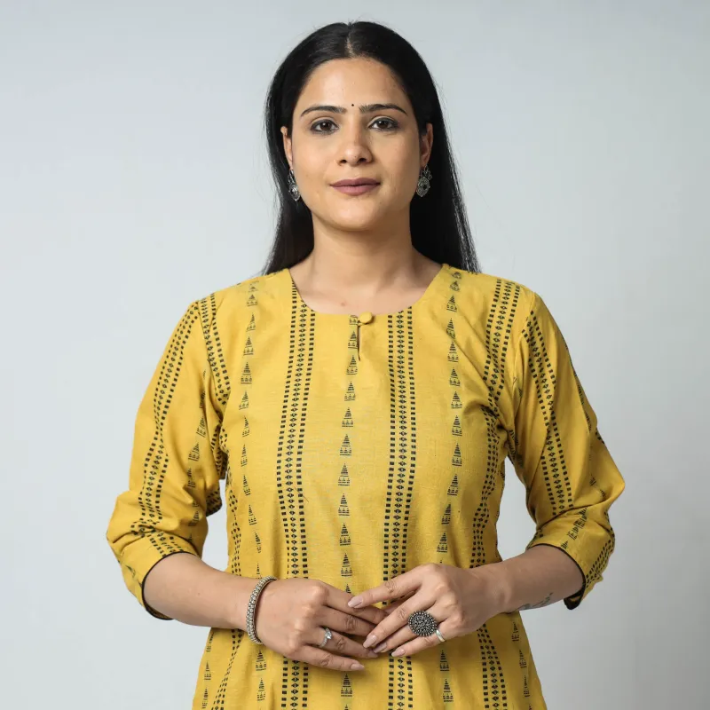 Yellow Jacquard Cotton Long kurta sold by Itokri