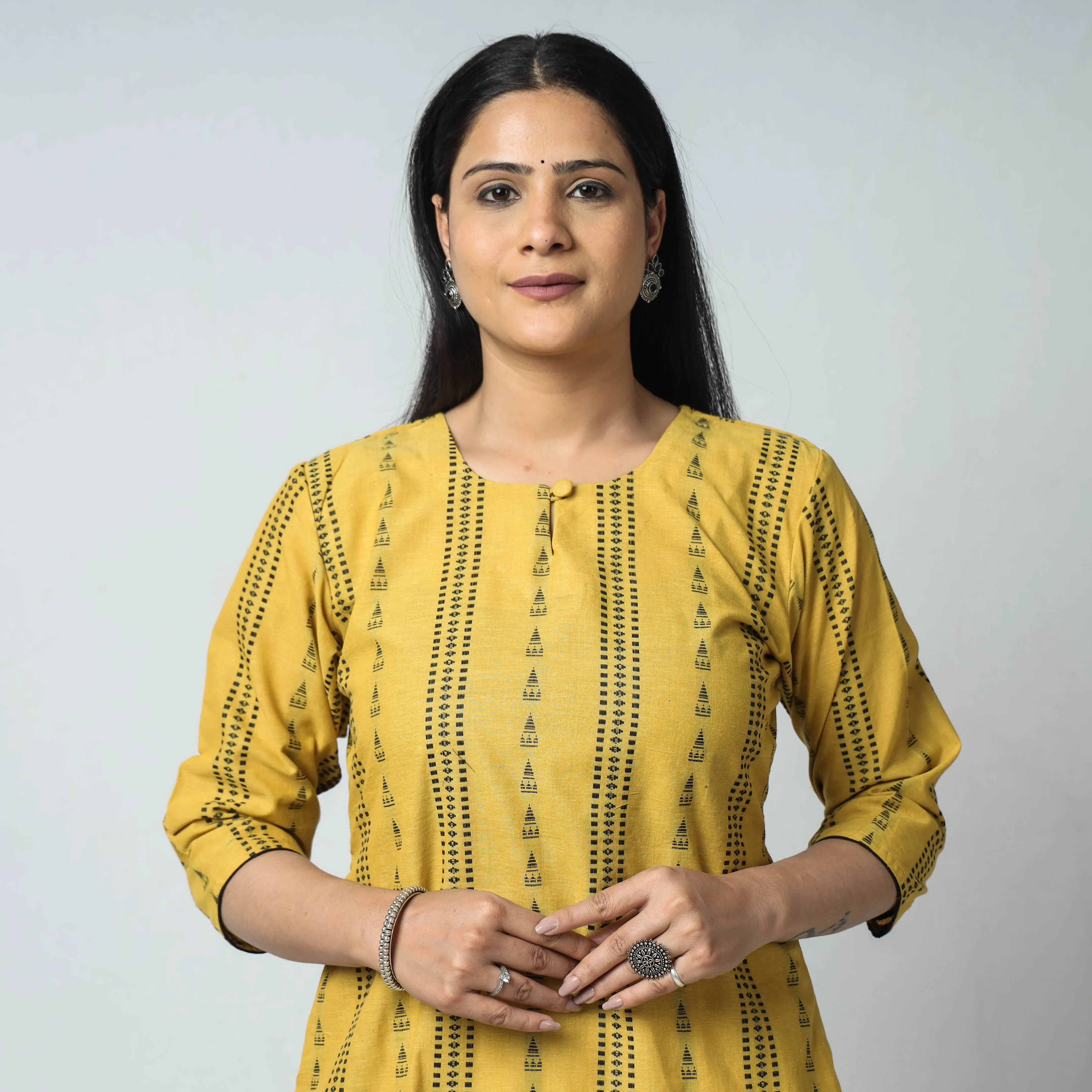 Yellow Jacquard Cotton Long kurta sold by Itokri