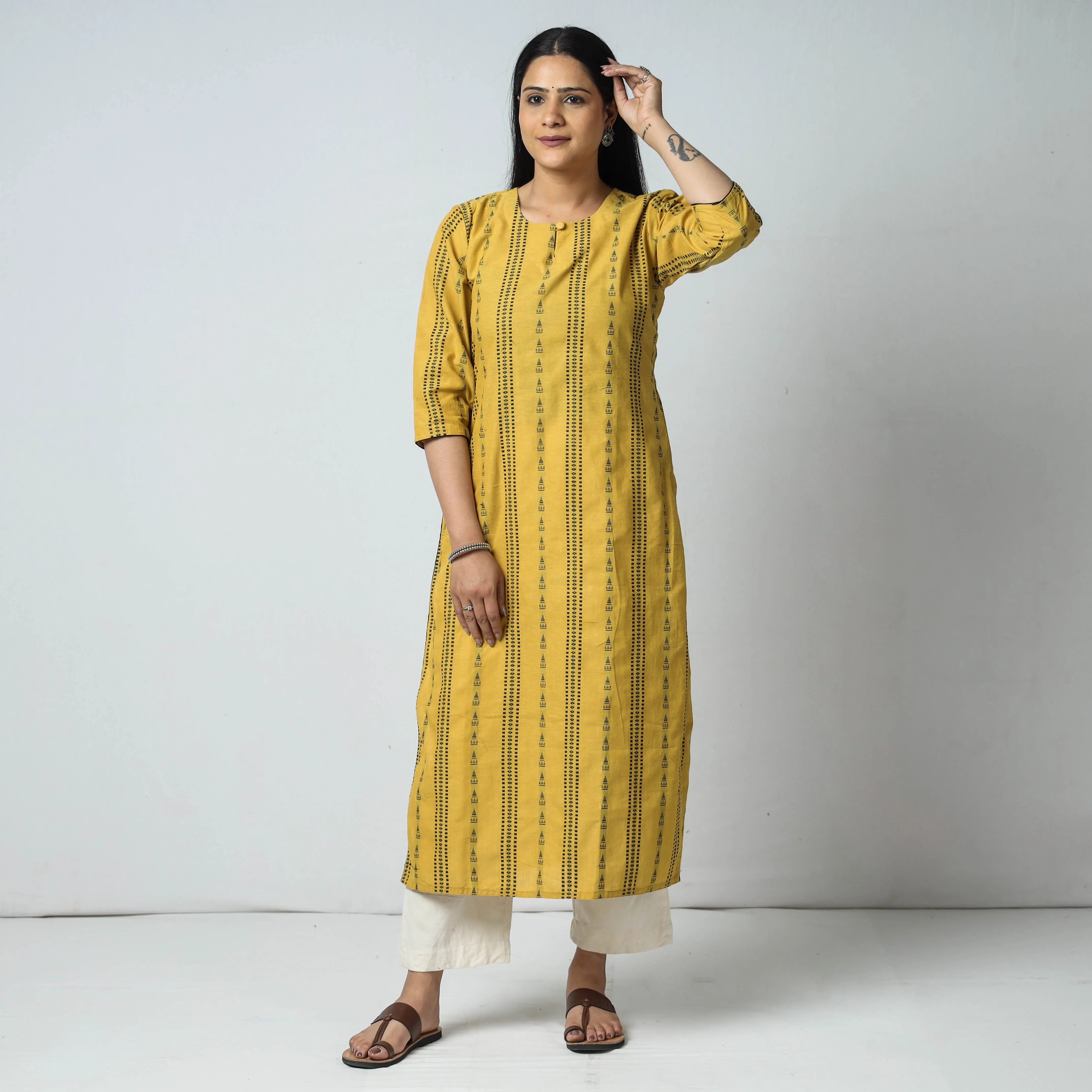 Yellow Jacquard Cotton Long kurta sold by Itokri product image thumbnail 3