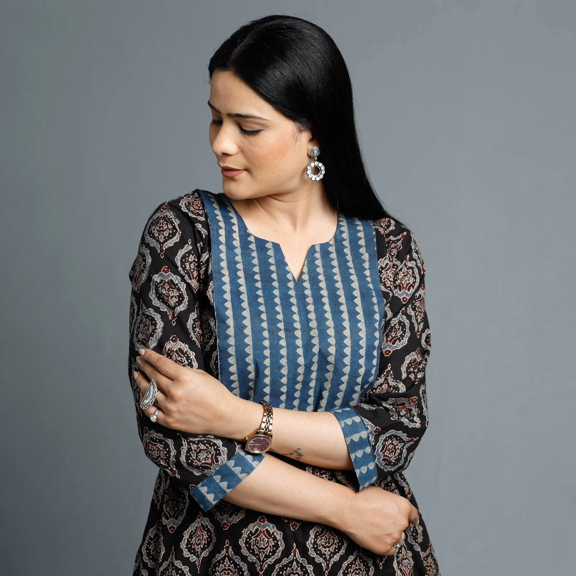 Black - Cotton Long Kurta in Ajrakh Block Prints of Kutch sold by Itokri product image thumbnail 4