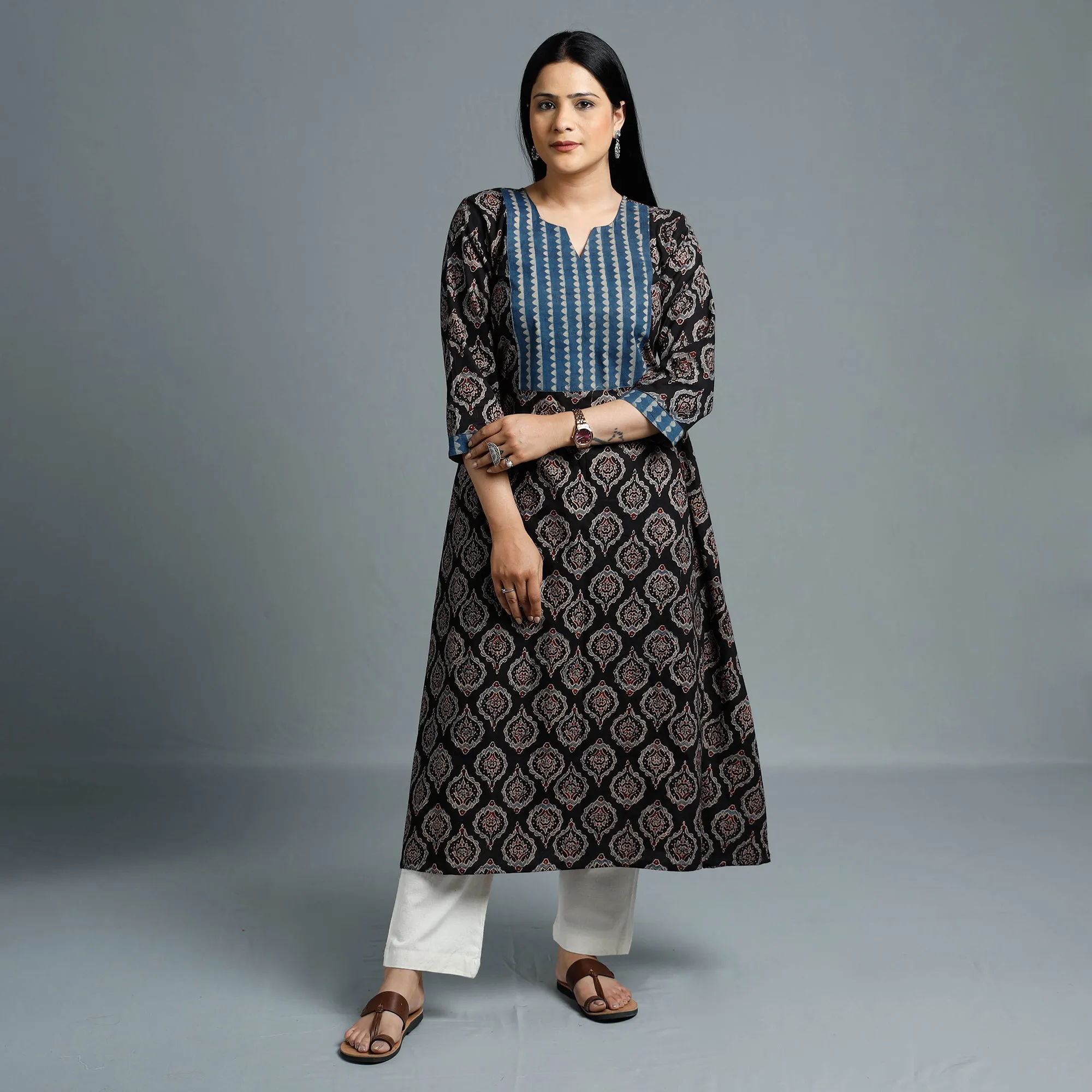 Black - Cotton Long Kurta in Ajrakh Block Prints of Kutch sold by Itokri product image thumbnail 2