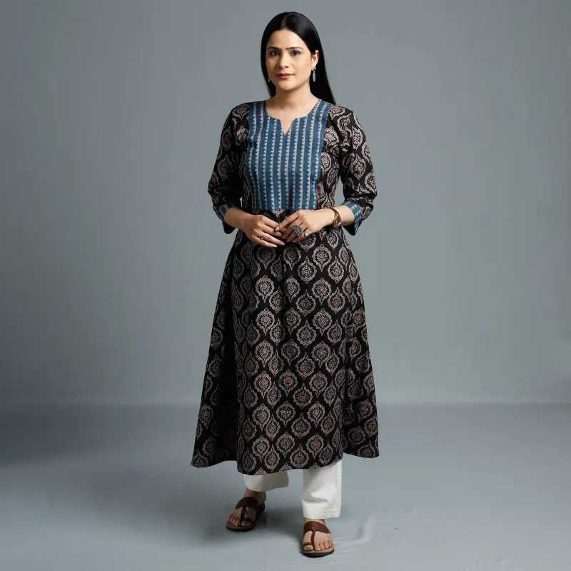 Black - Cotton Long Kurta in Ajrakh Block Prints of Kutch sold by Itokri