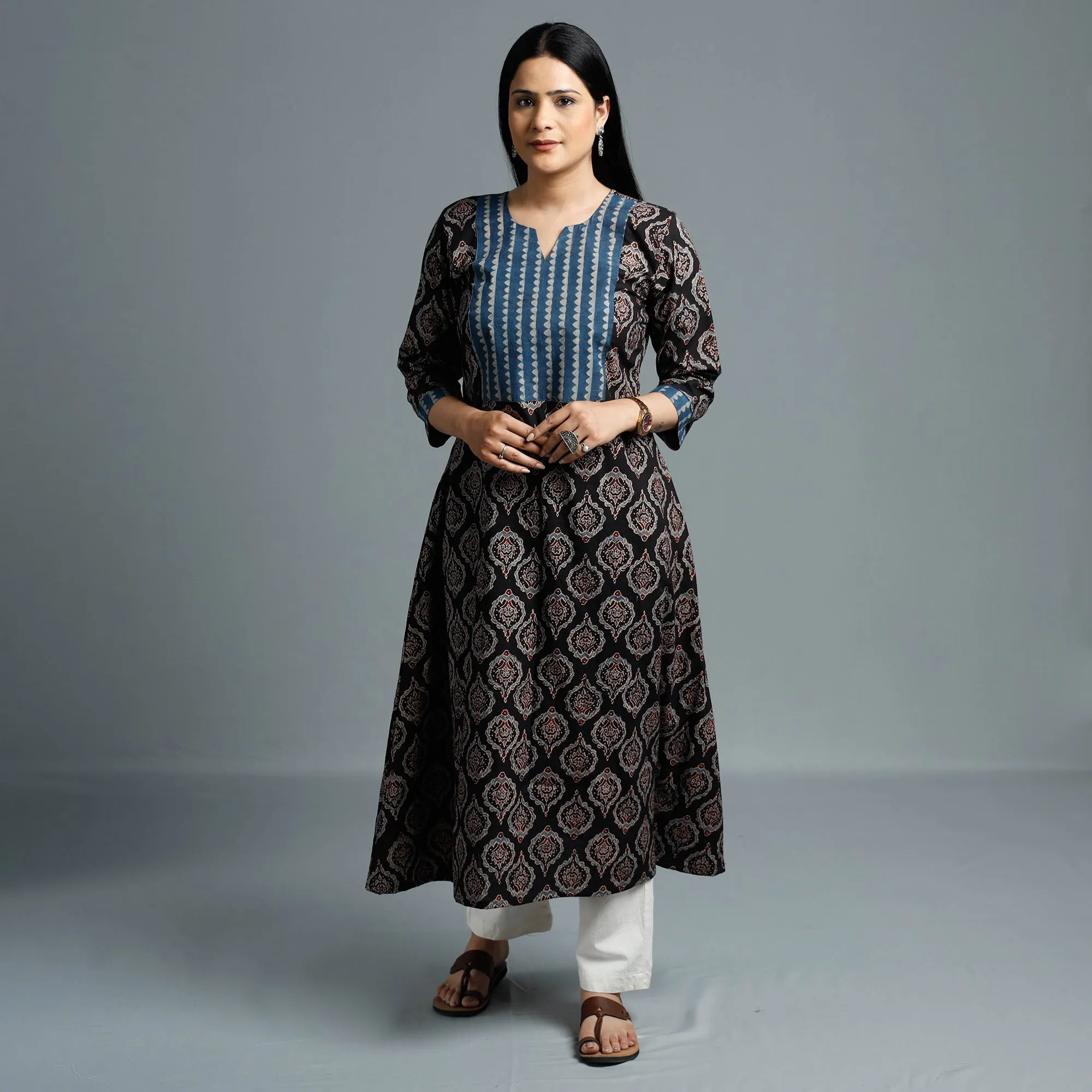 Black - Cotton Long Kurta in Ajrakh Block Prints of Kutch sold by Itokri