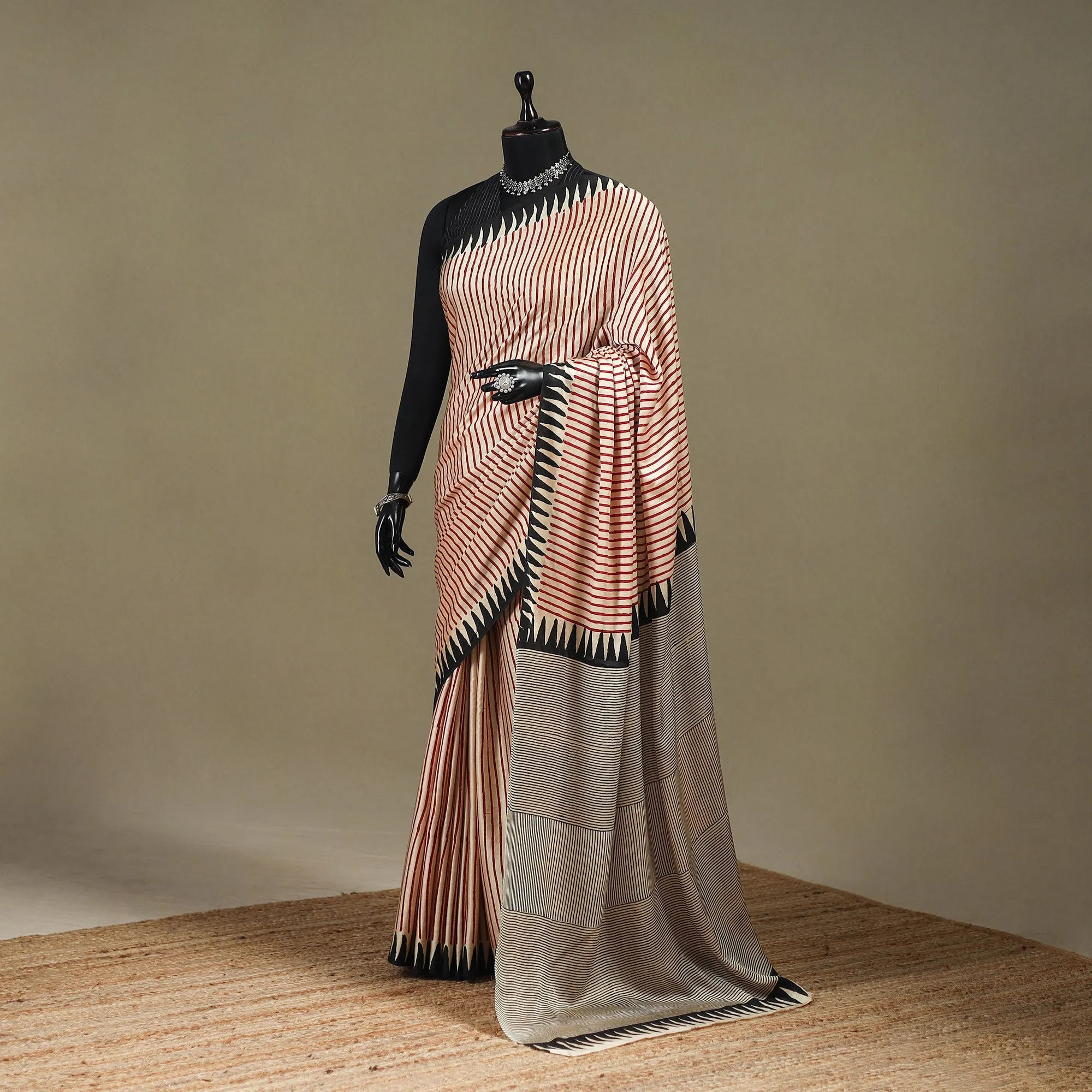 Beige - Modal Silk Hand Block Print Bagru Saree 11 sold by Itokri