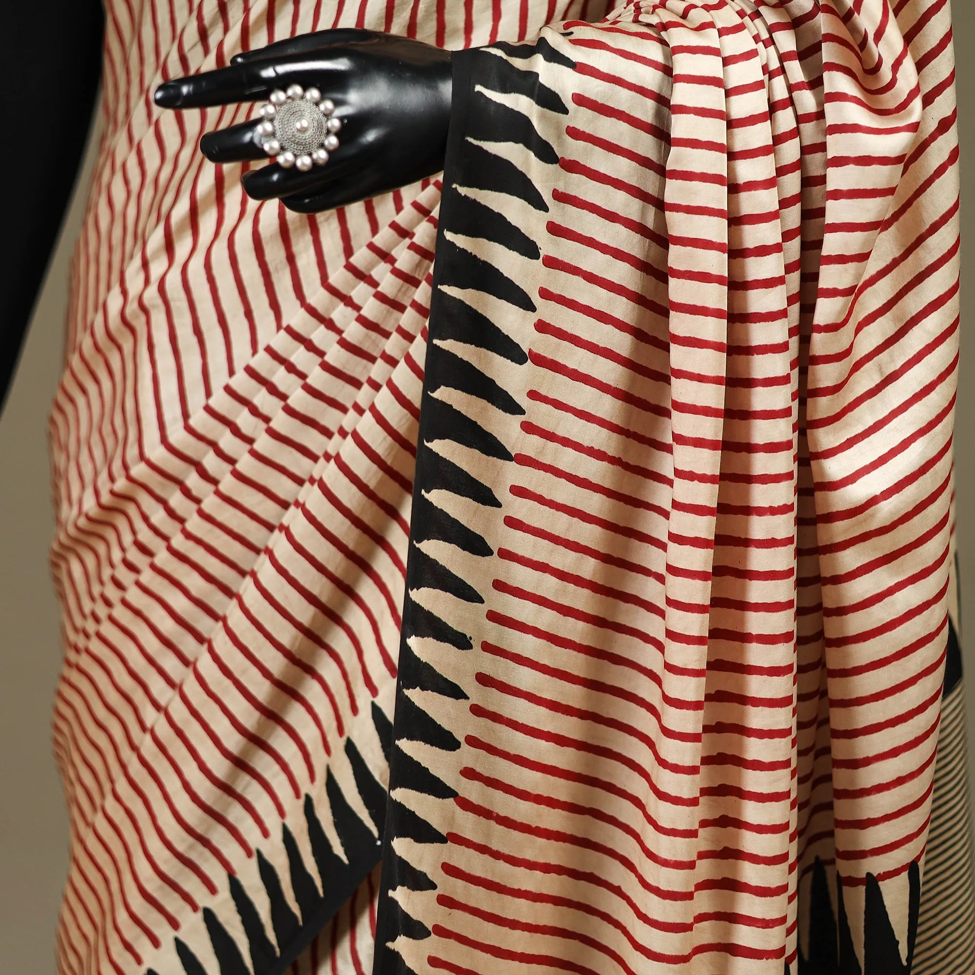 Beige - Modal Silk Hand Block Print Bagru Saree 11 sold by Itokri product image thumbnail 3