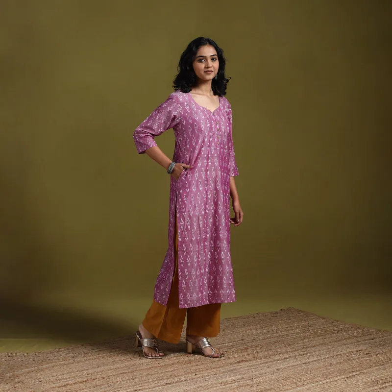 Purple - Handloom Mercerised Cotton Straight Pochampally Ikat Kurta for women 15 sold by Itokri