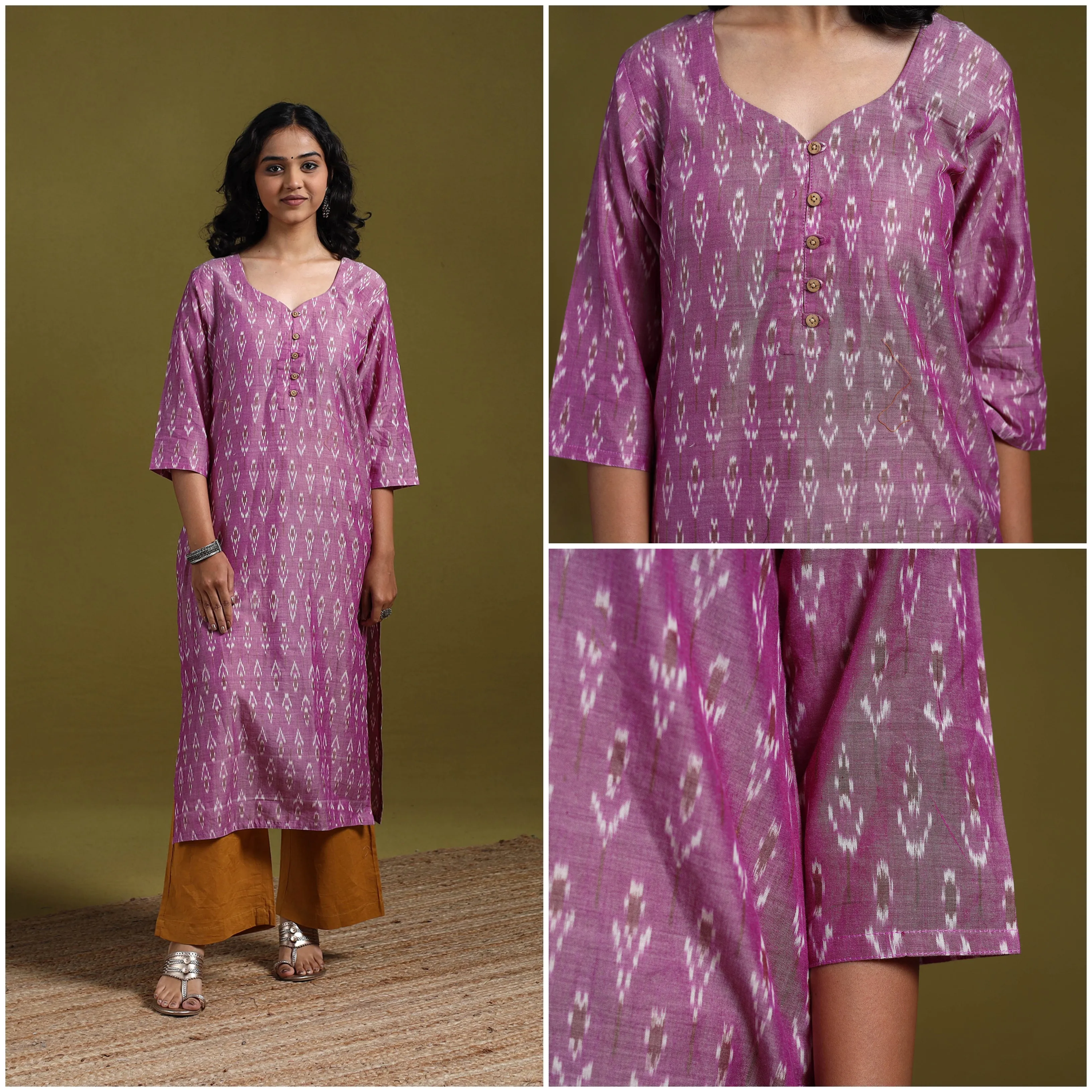 Purple - Handloom Mercerised Cotton Straight Pochampally Ikat Kurta for women 15 sold by Itokri product image thumbnail 3