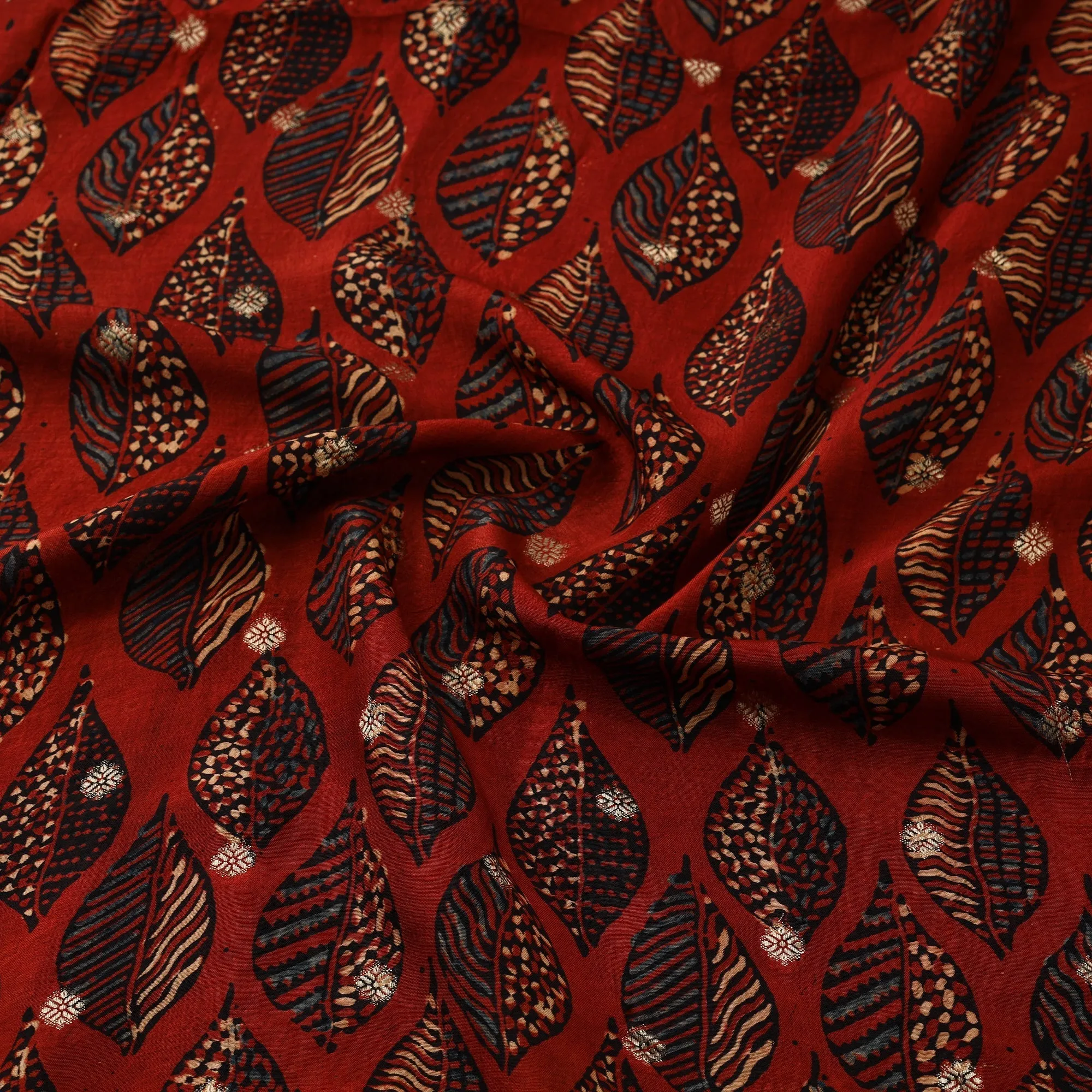 Red - Block Print Natural Dyed Dola Silk Jacquard Buti Ajrakh Fabric 07 sold by Itokri product image thumbnail 3