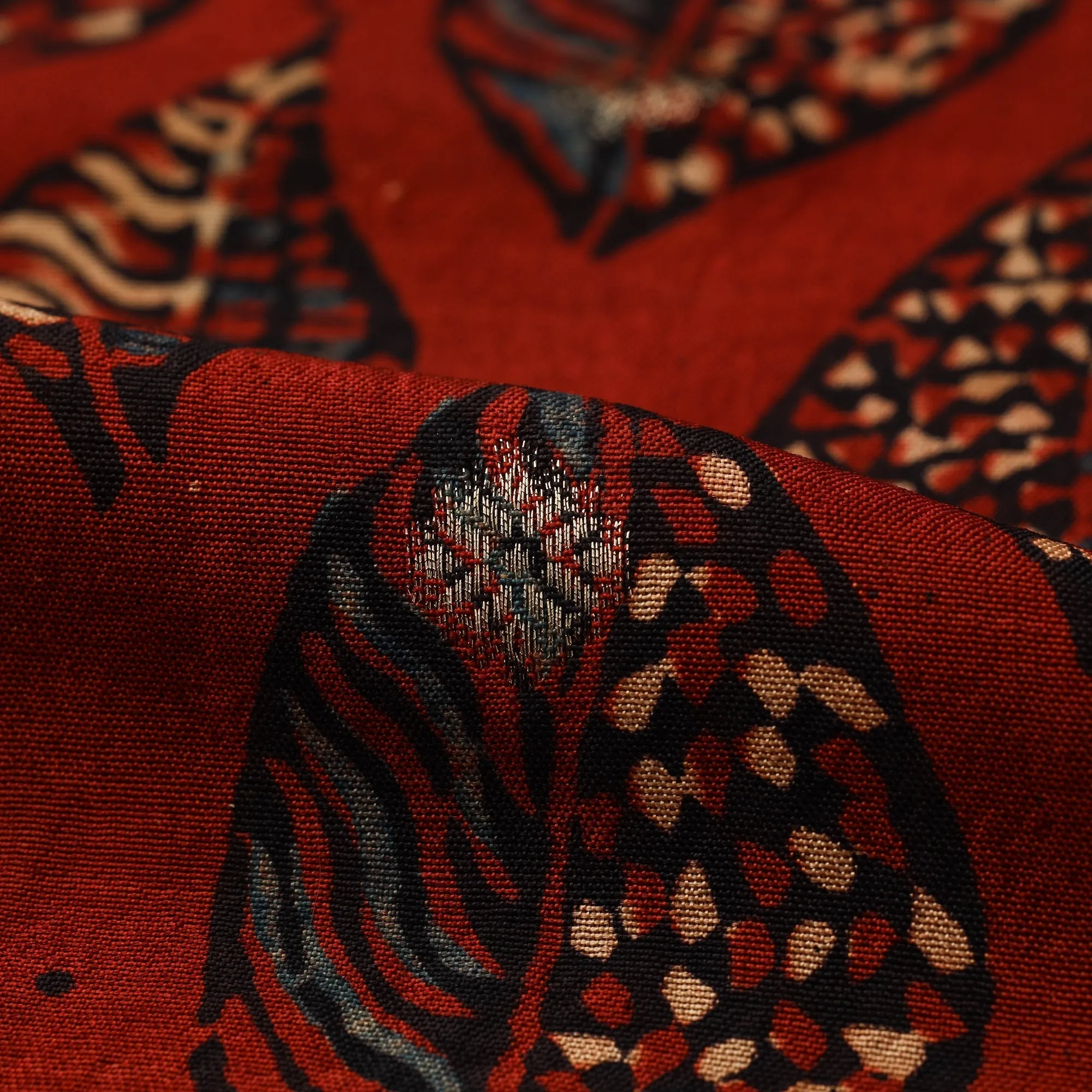 Red - Block Print Natural Dyed Dola Silk Jacquard Buti Ajrakh Fabric 07 sold by Itokri product image thumbnail 4