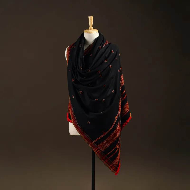 Black - Kutch Bhujodi Handwoven Mirror Work Wool Shawl 07 made by Itokri