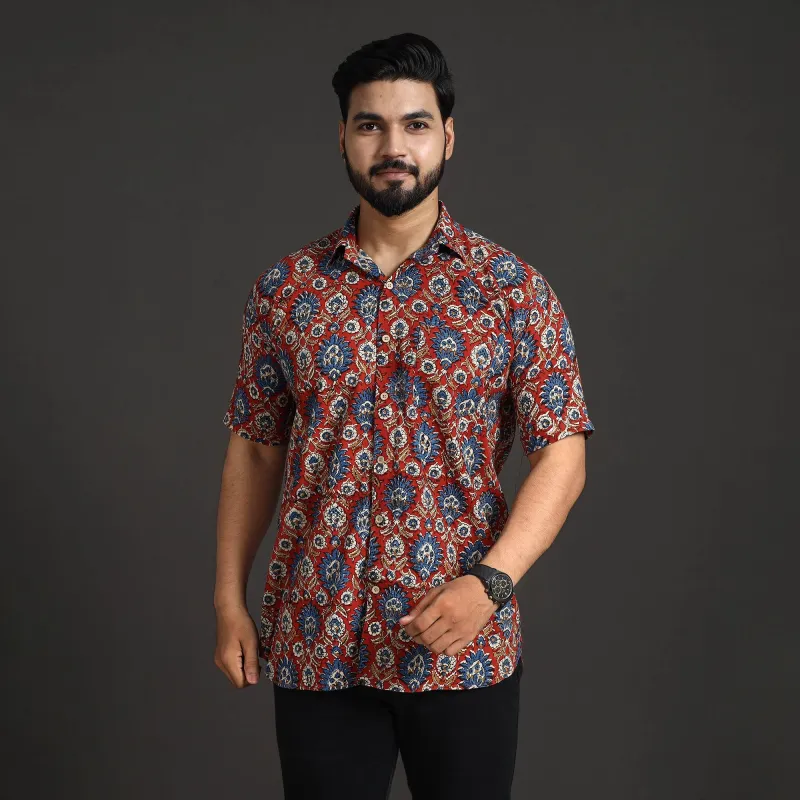 Red - Sanganeri Block Printed Cotton Men Half Sleeve Shirt 07 sold by Itokri