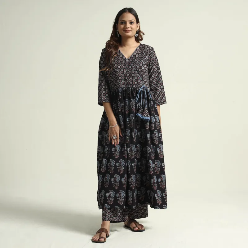 Black - Ajrakh Block Printed Cotton Kurta with Palazzo Set sold by Itokri