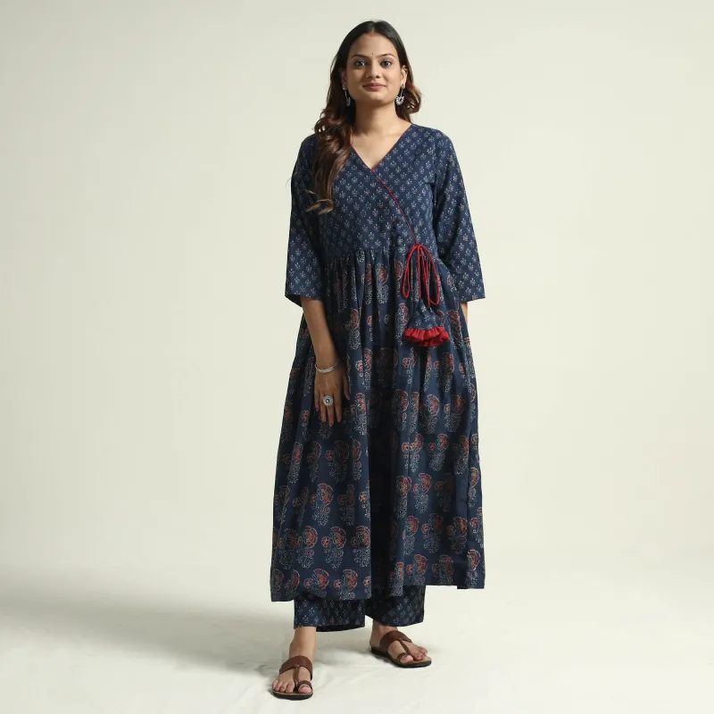 Blue - Ajrakh Block Printed Cotton Kurta with Palazzo Set sold by Itokri