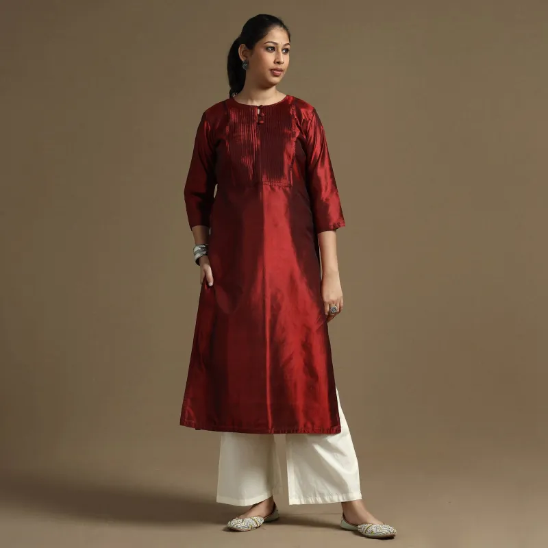Ethnic Maroon - Plain Pintuck Pure Silk Kurta sold by Itokri