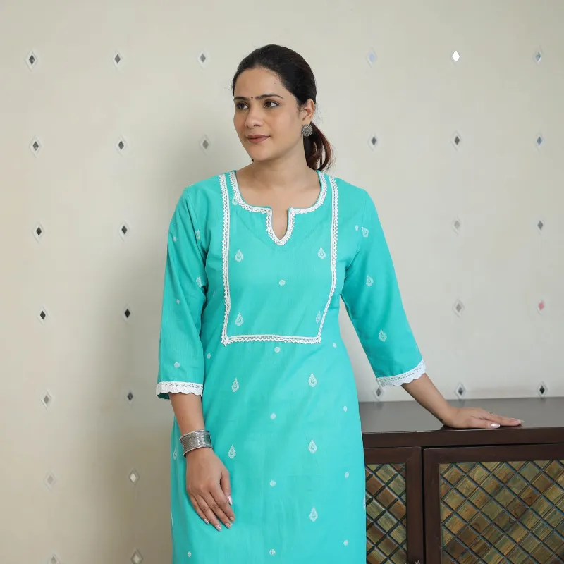 Blue - Jacquard Cotton Straight Kurta with Lace Work 30 sold by Itokri