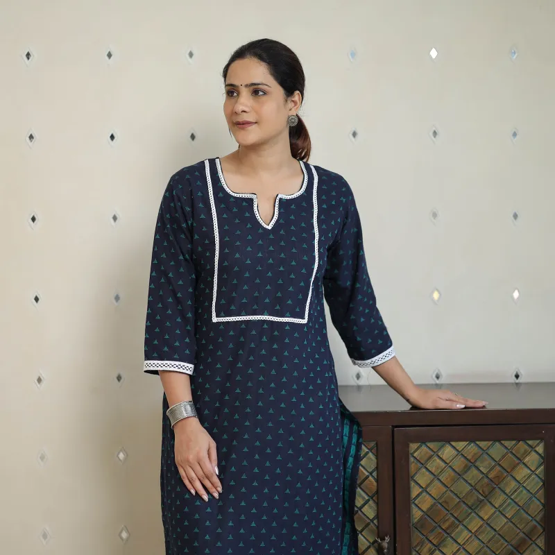 Blue - Jacquard Cotton Straight Kurta with Lace Work 32 made by Itokri