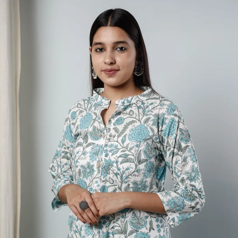 Grey - Sanganeri Block Printed Cotton Long Kurta sold by Itokri