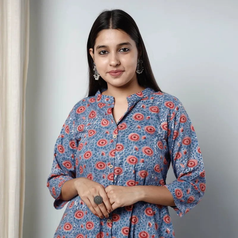 Blue - Sanganeri Block Printed Cotton Long Kurta sold by Itokri