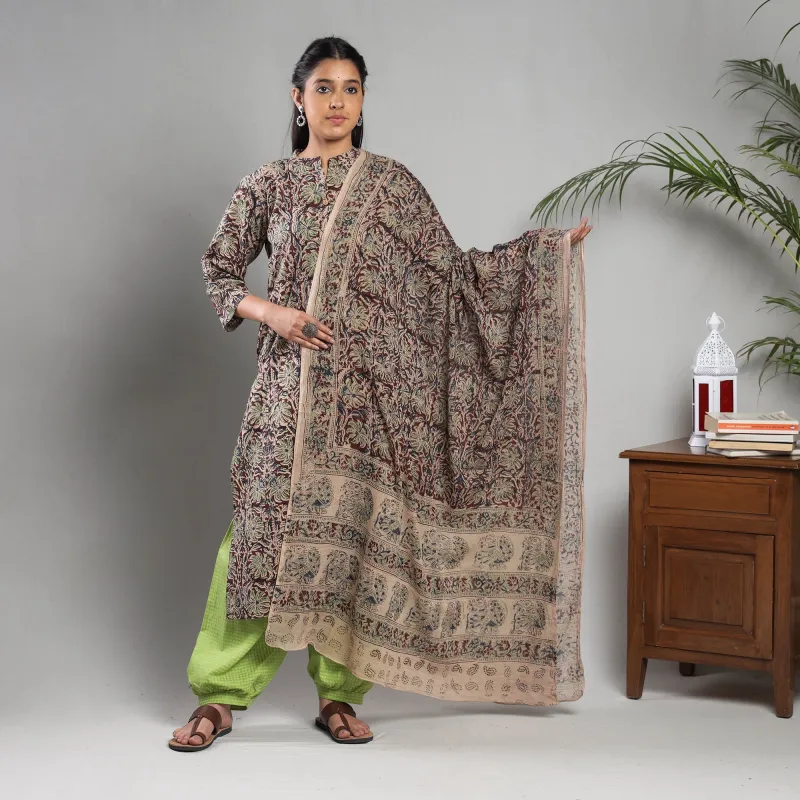 Maroon - Kalamkari Block Printing Cotton Kurta with Salwar & Dupatta Set sold by Itokri
