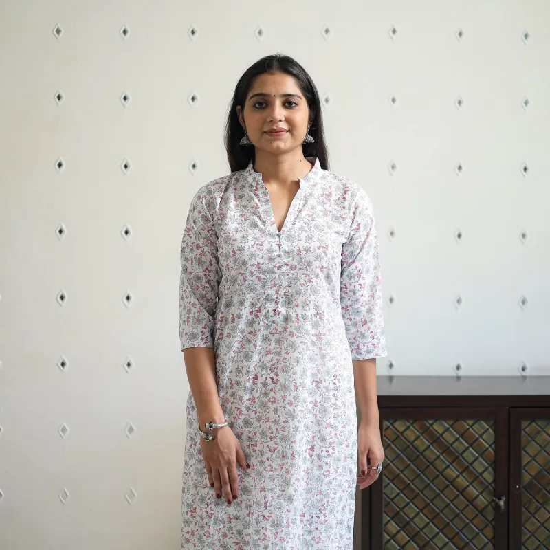 White - Block Print Cotton Straight Sanganeri Kurta 05 sold by Itokri