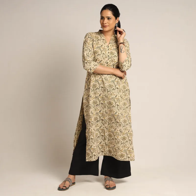 Beige - Pedana Kalamkari Block Printed Cotton Kurta with Palazzo Set made by Itokri