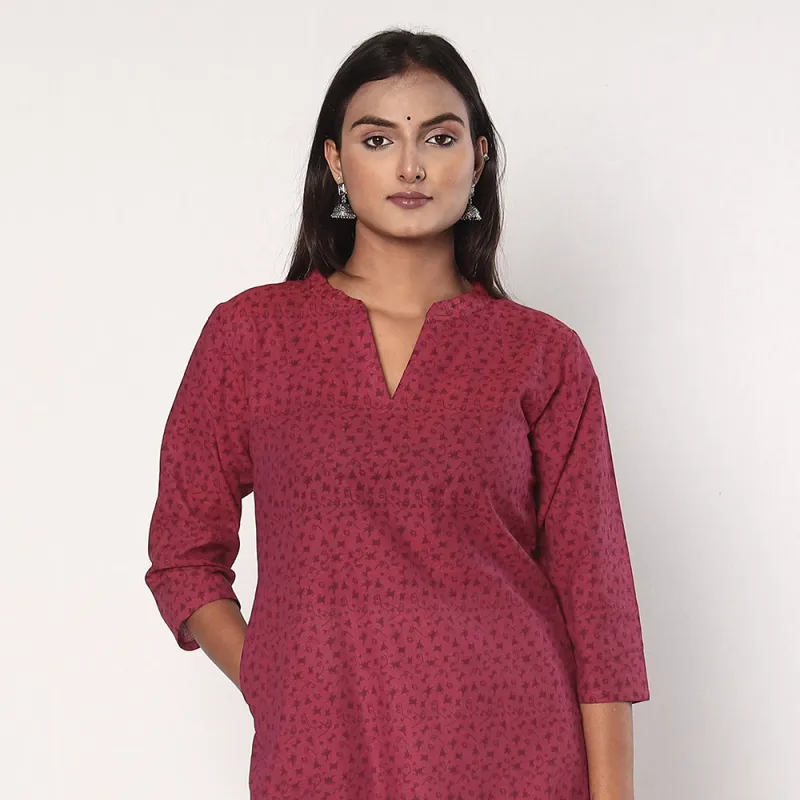 Pink - Tribal Motifs Hand Printed Cotton Casual Long Kurta made by Itokri
