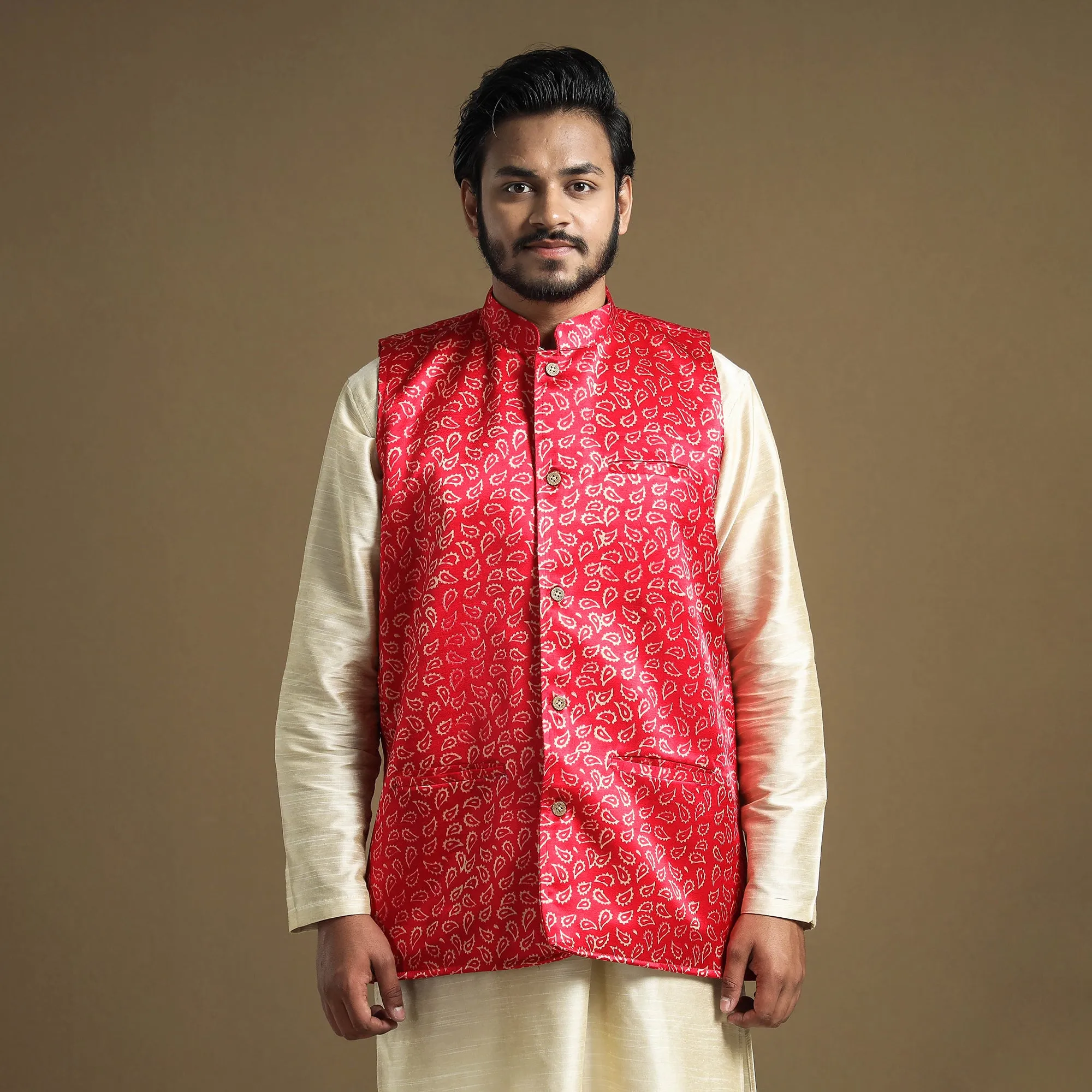Dark Pink - Hand Block Printed Mashru Silk Nehru Jacket sold by Itokri product image thumbnail 2