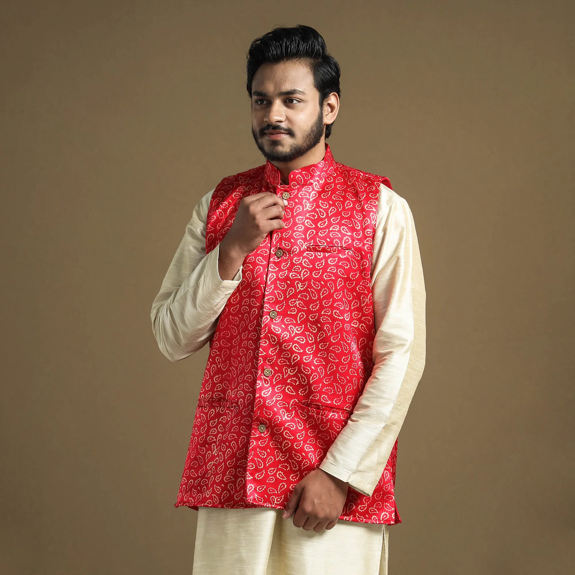 Dark Pink - Hand Block Printed Mashru Silk Nehru Jacket sold by Itokri product image thumbnail 3