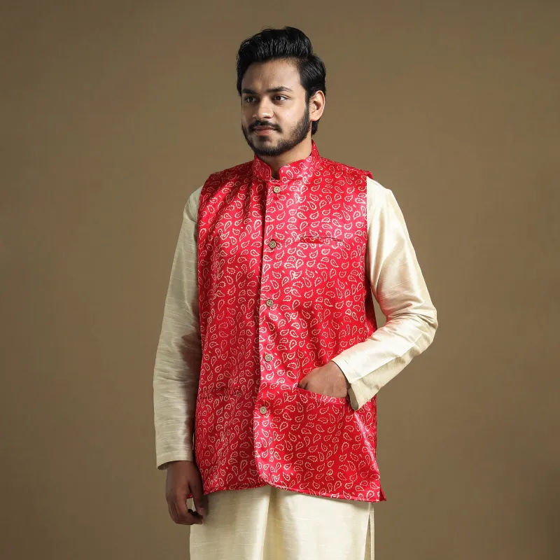 Dark Pink - Hand Block Printed Mashru Silk Nehru Jacket sold by Itokri