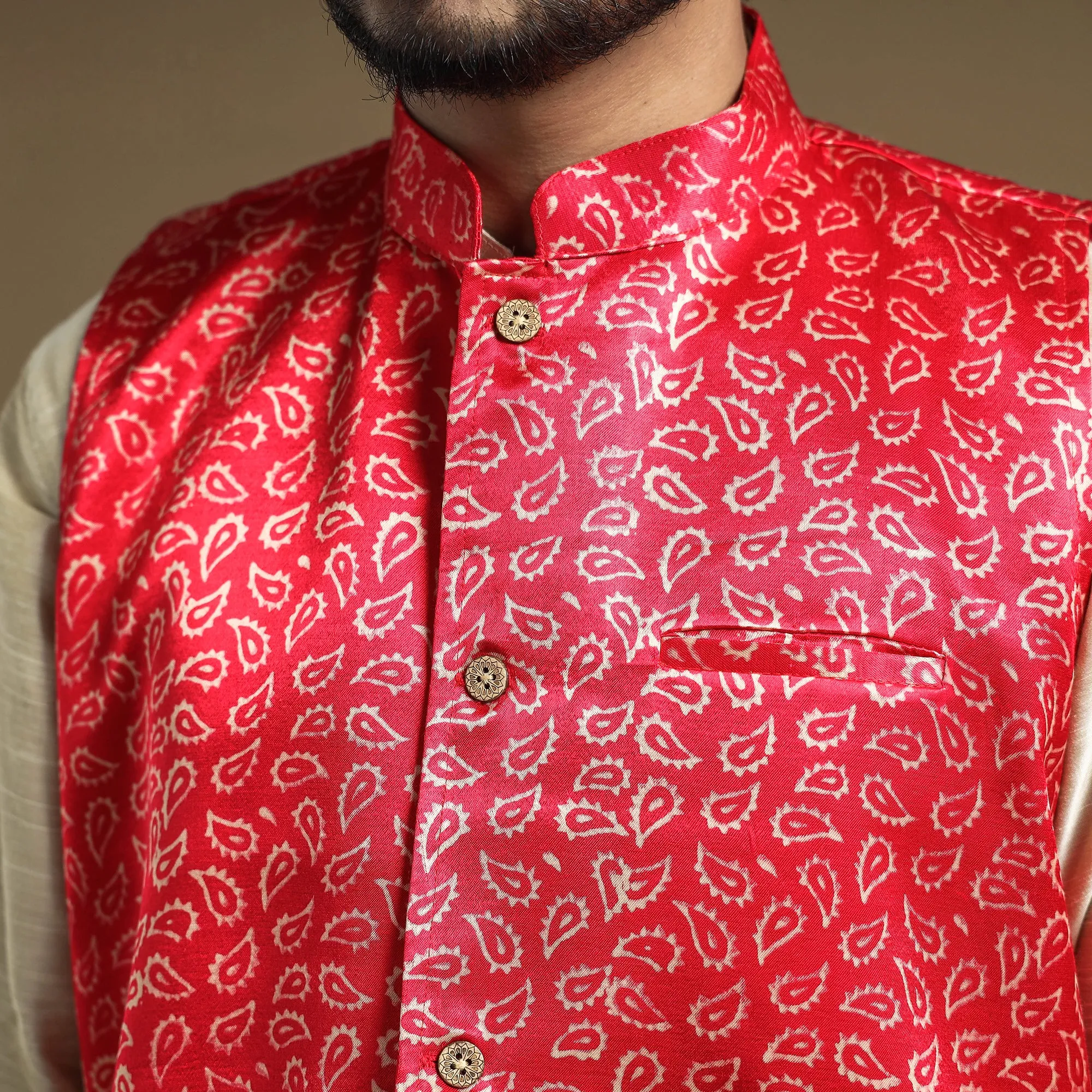 Dark Pink - Hand Block Printed Mashru Silk Nehru Jacket sold by Itokri product image thumbnail 4