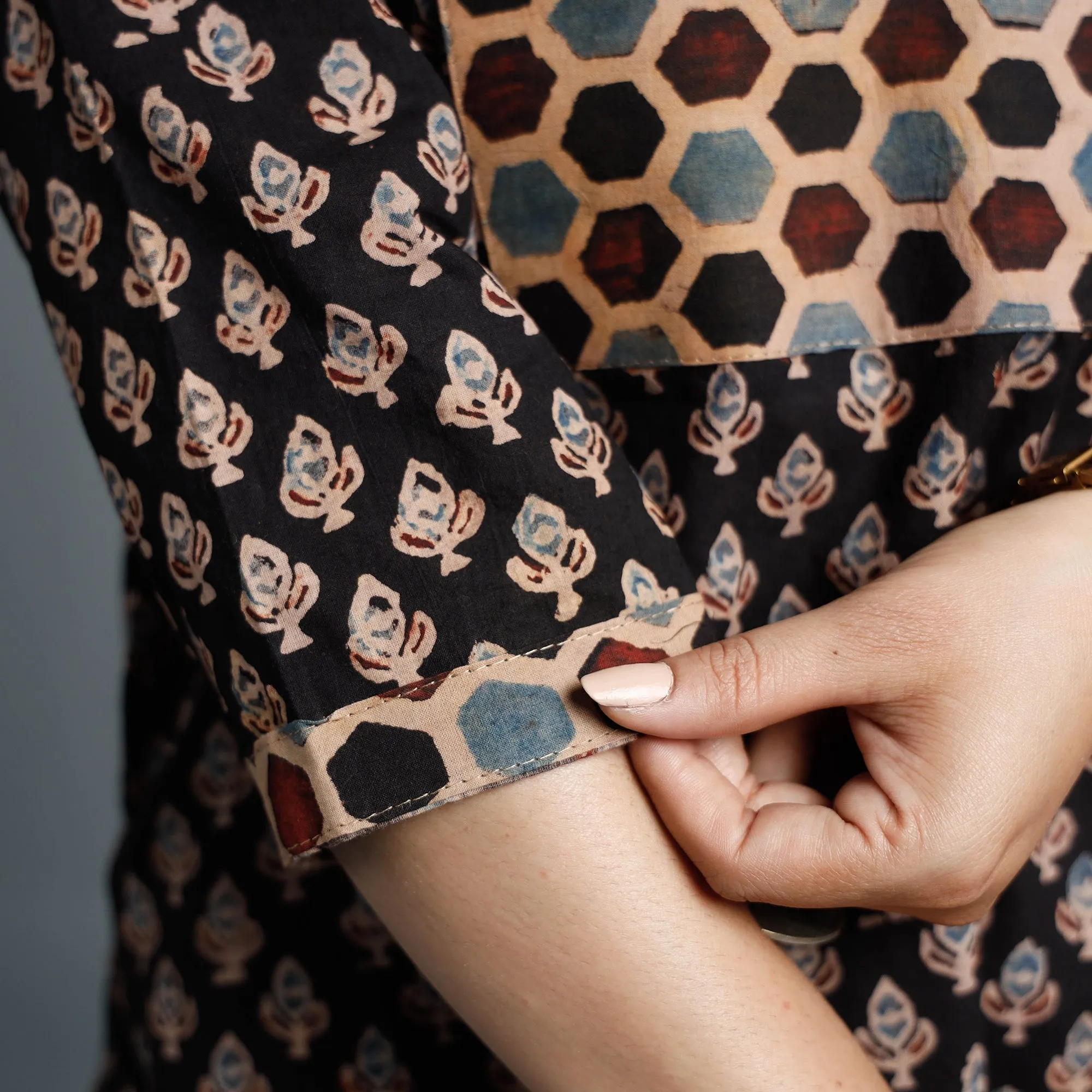 Black - Cotton Long Kurta in Ajrakh Block Prints of Kutch sold by Itokri product image thumbnail 5