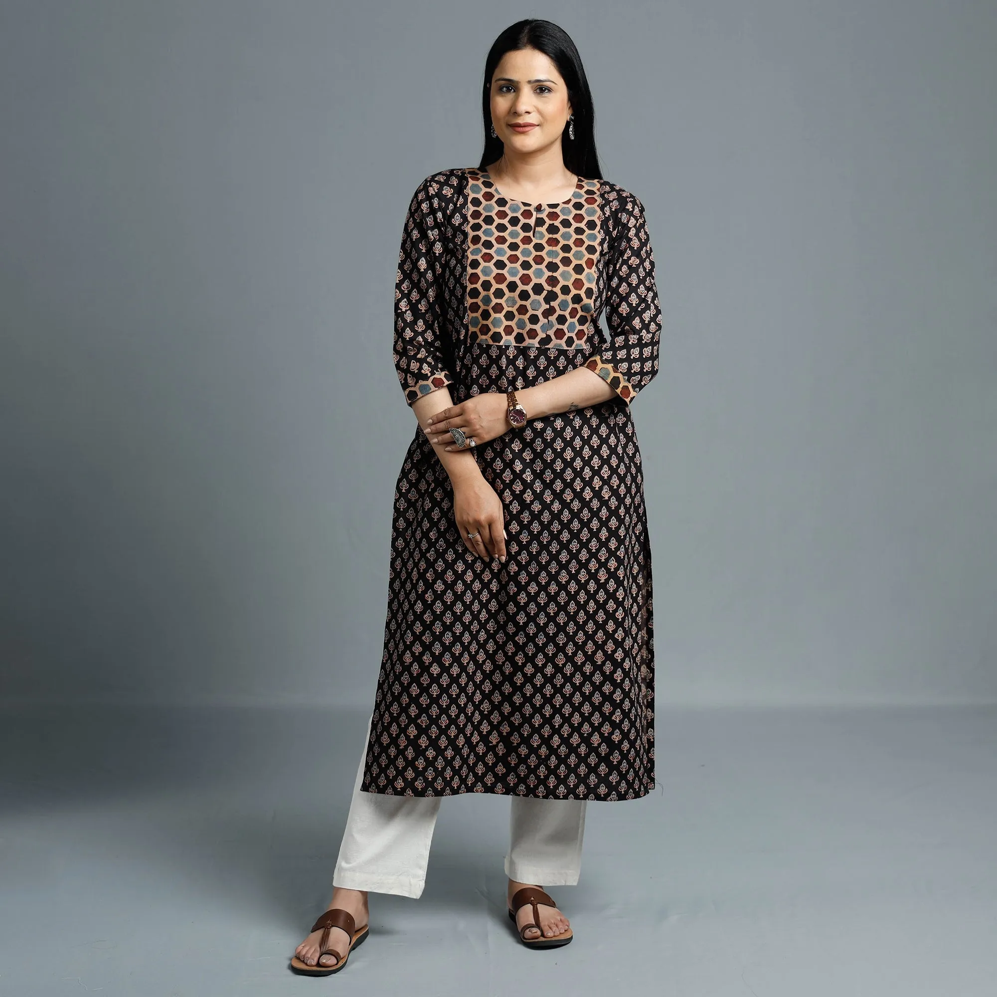 Black - Cotton Long Kurta in Ajrakh Block Prints of Kutch sold by Itokri product image thumbnail 2