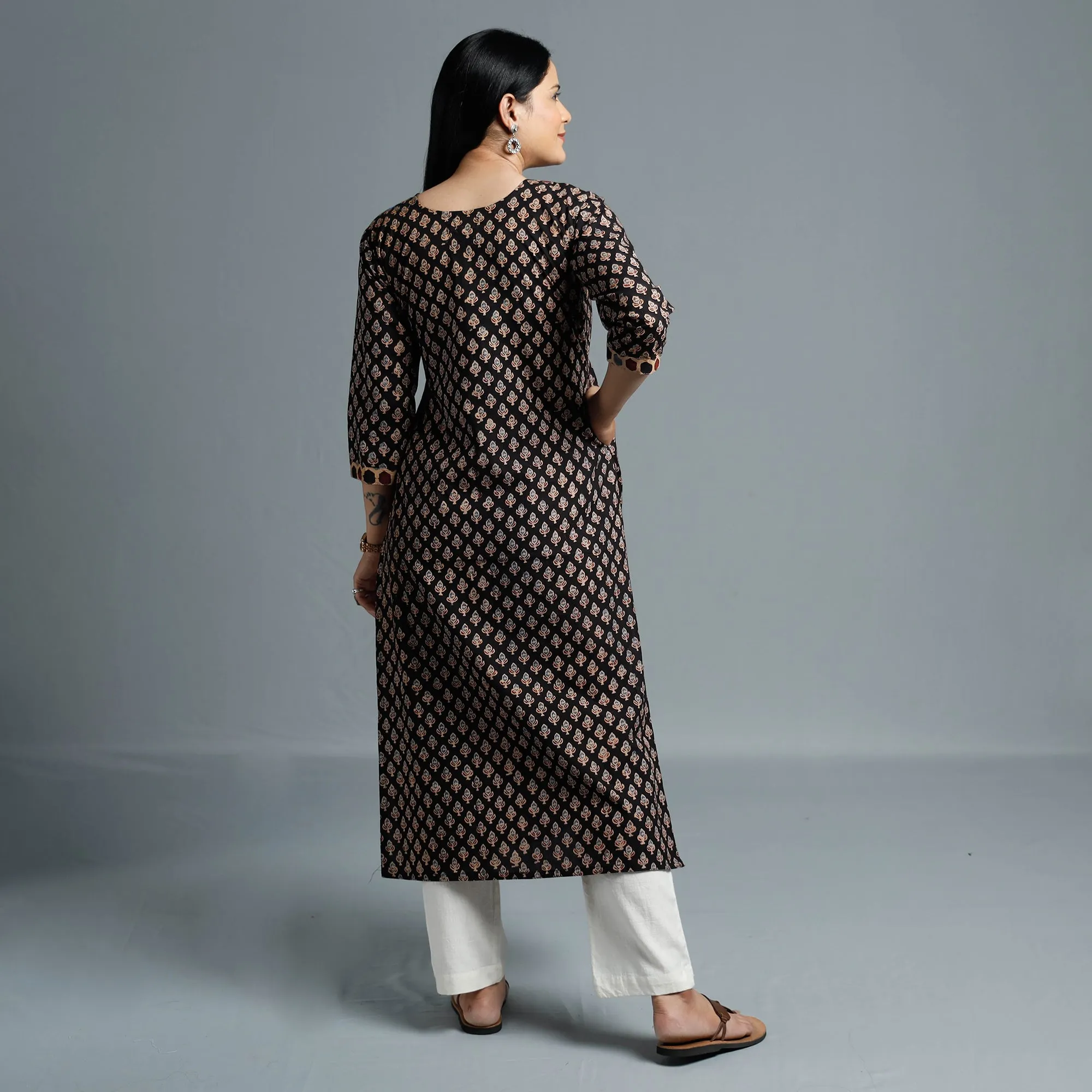 Black - Cotton Long Kurta in Ajrakh Block Prints of Kutch sold by Itokri product image thumbnail 3