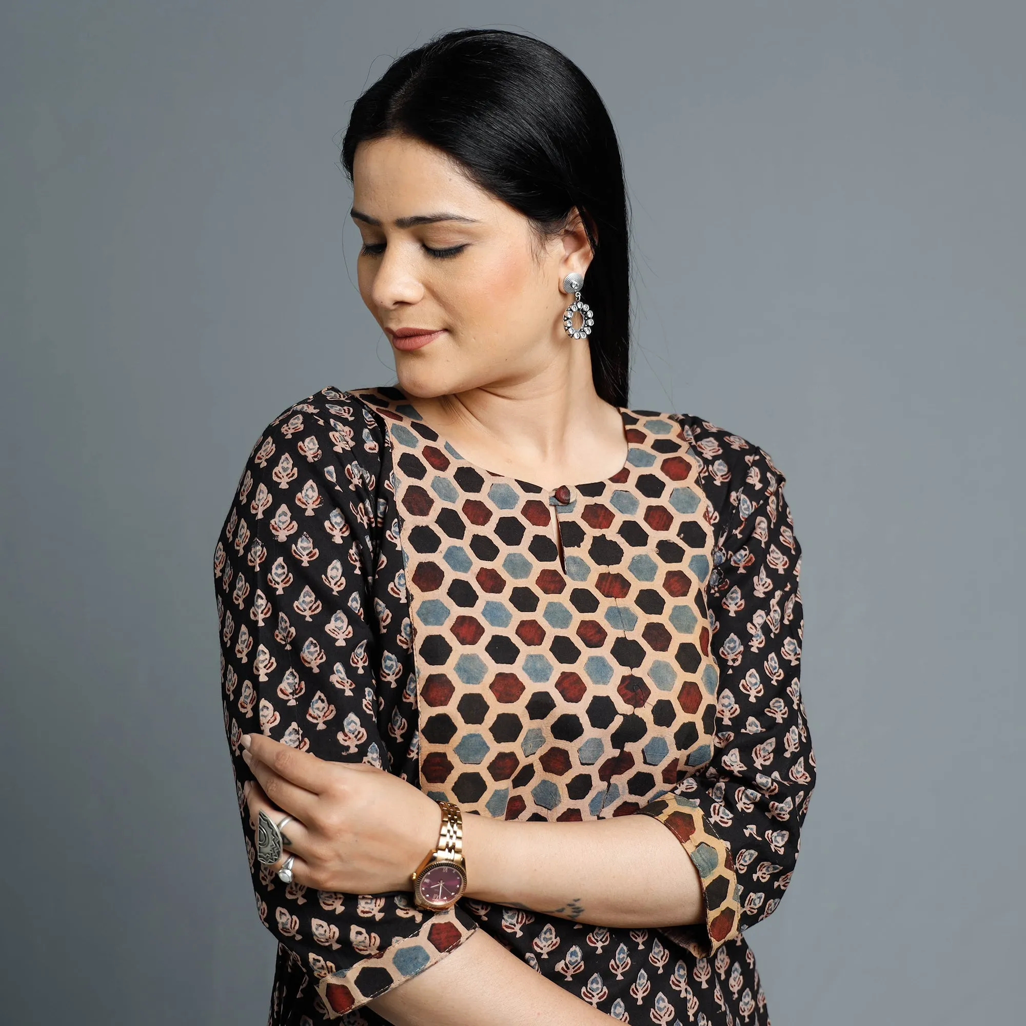 Black - Cotton Long Kurta in Ajrakh Block Prints of Kutch sold by Itokri product image thumbnail 4