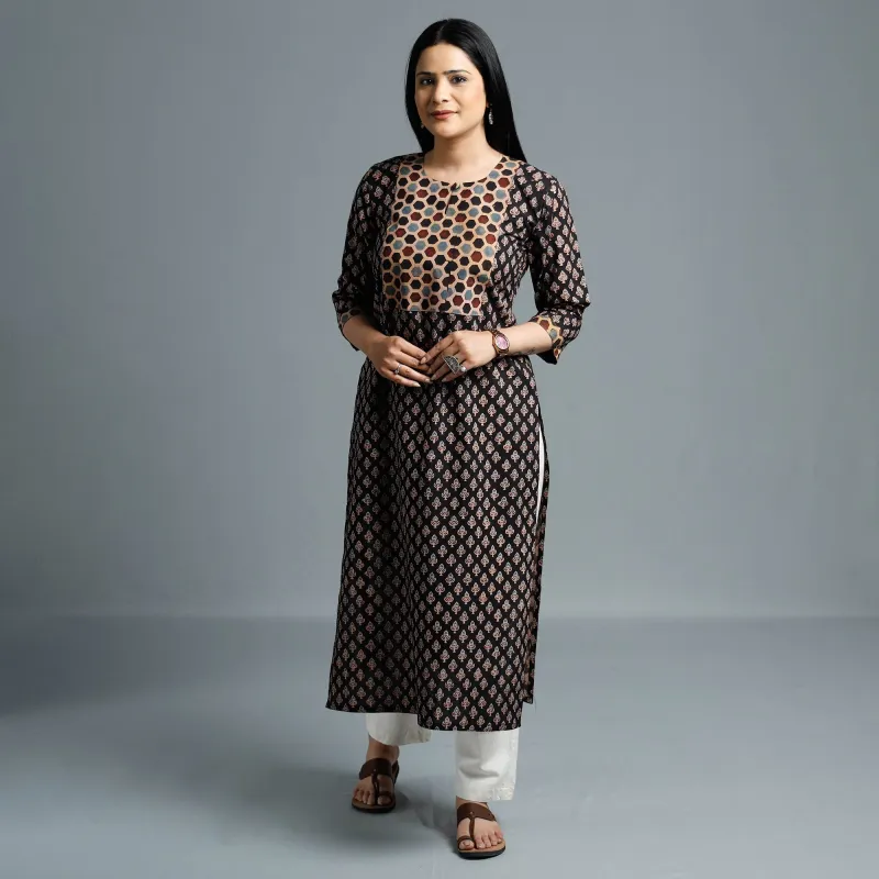 Black - Cotton Long Kurta in Ajrakh Block Prints of Kutch sold by Itokri