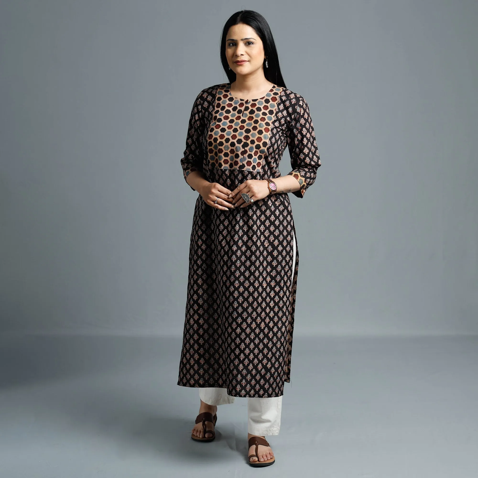 Black - Cotton Long Kurta in Ajrakh Block Prints of Kutch sold by Itokri