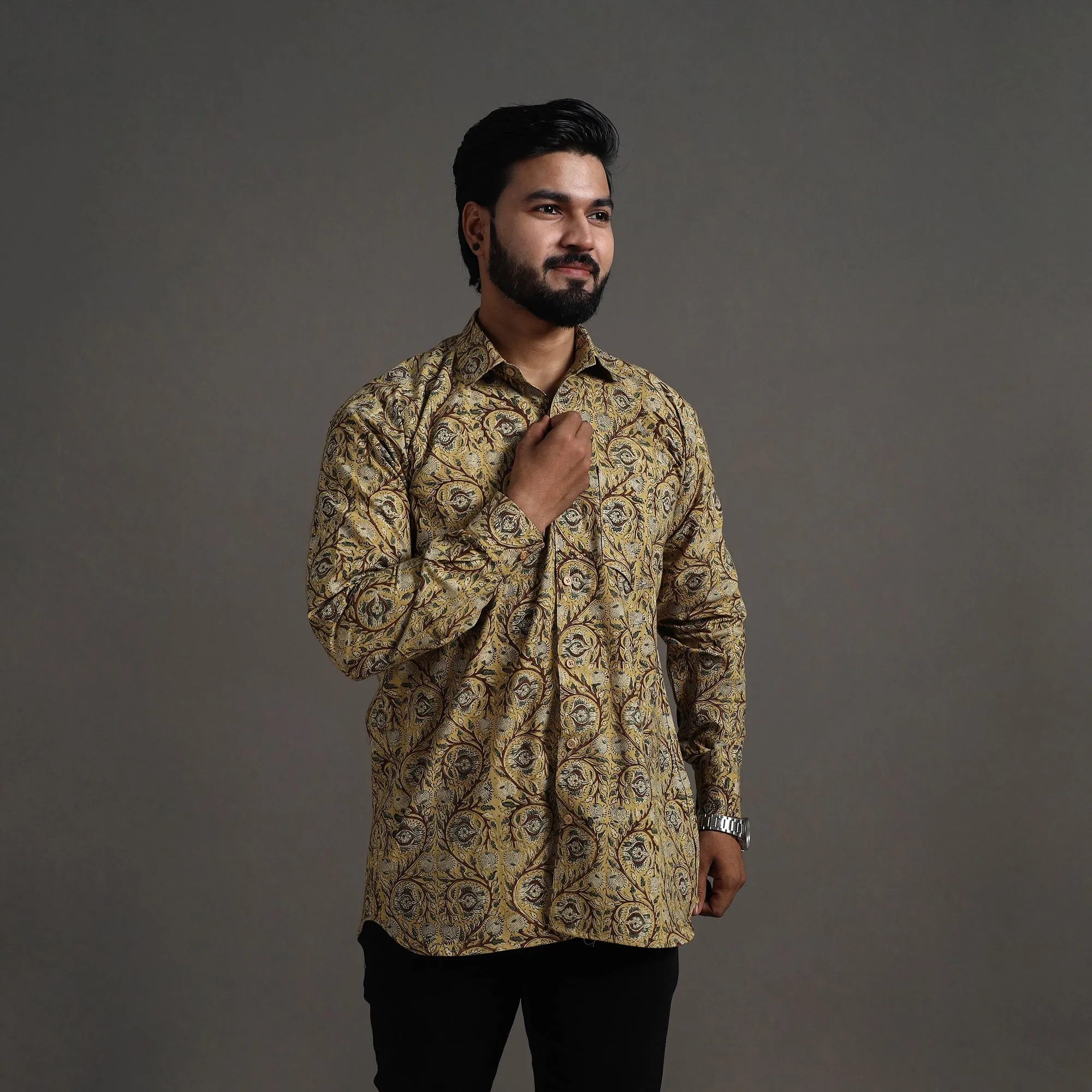 Yellow - Pedana Block Print Cotton Men Kalamkari Shirt 11 sold by Itokri product image thumbnail 2