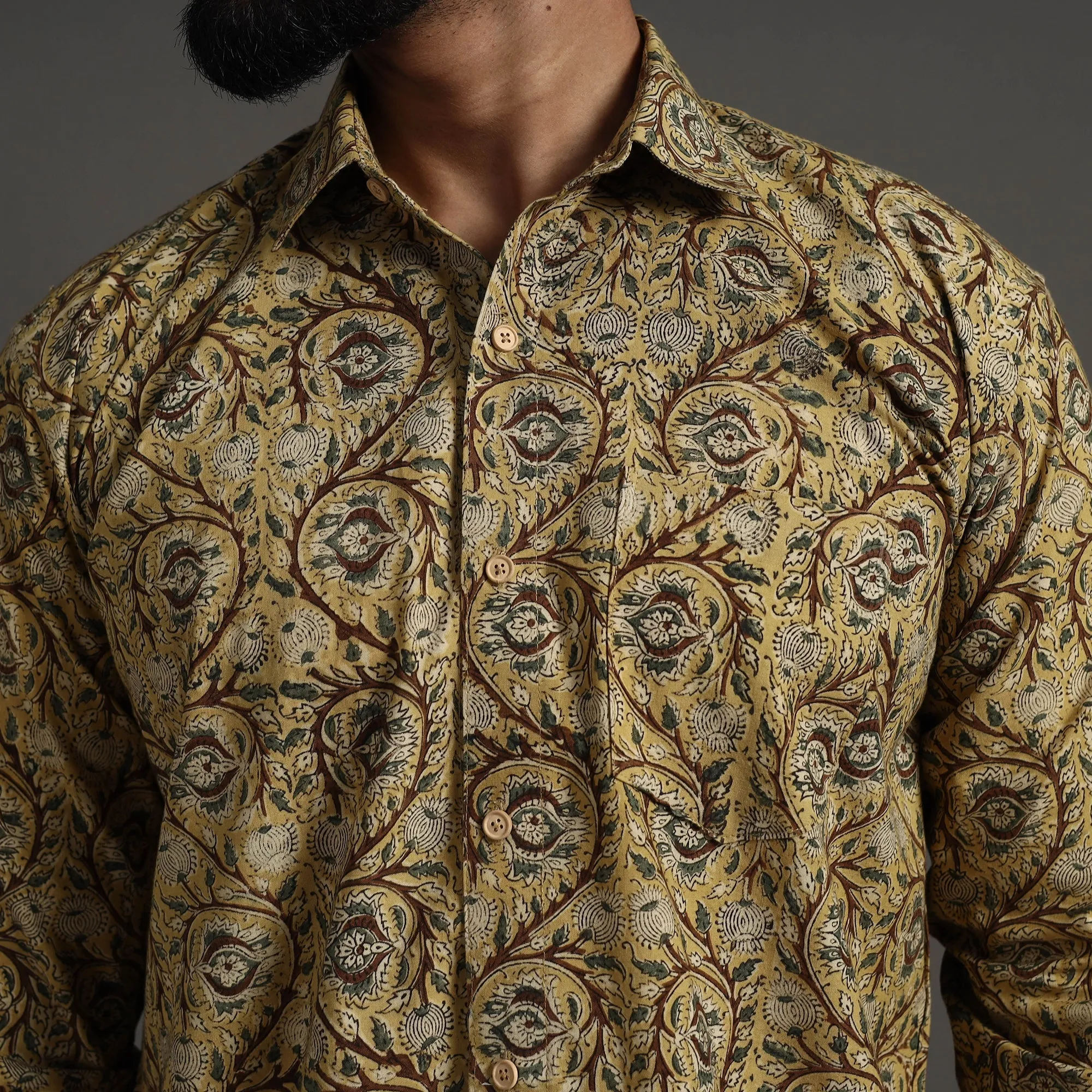 Yellow - Pedana Block Print Cotton Men Kalamkari Shirt 11 sold by Itokri product image thumbnail 5
