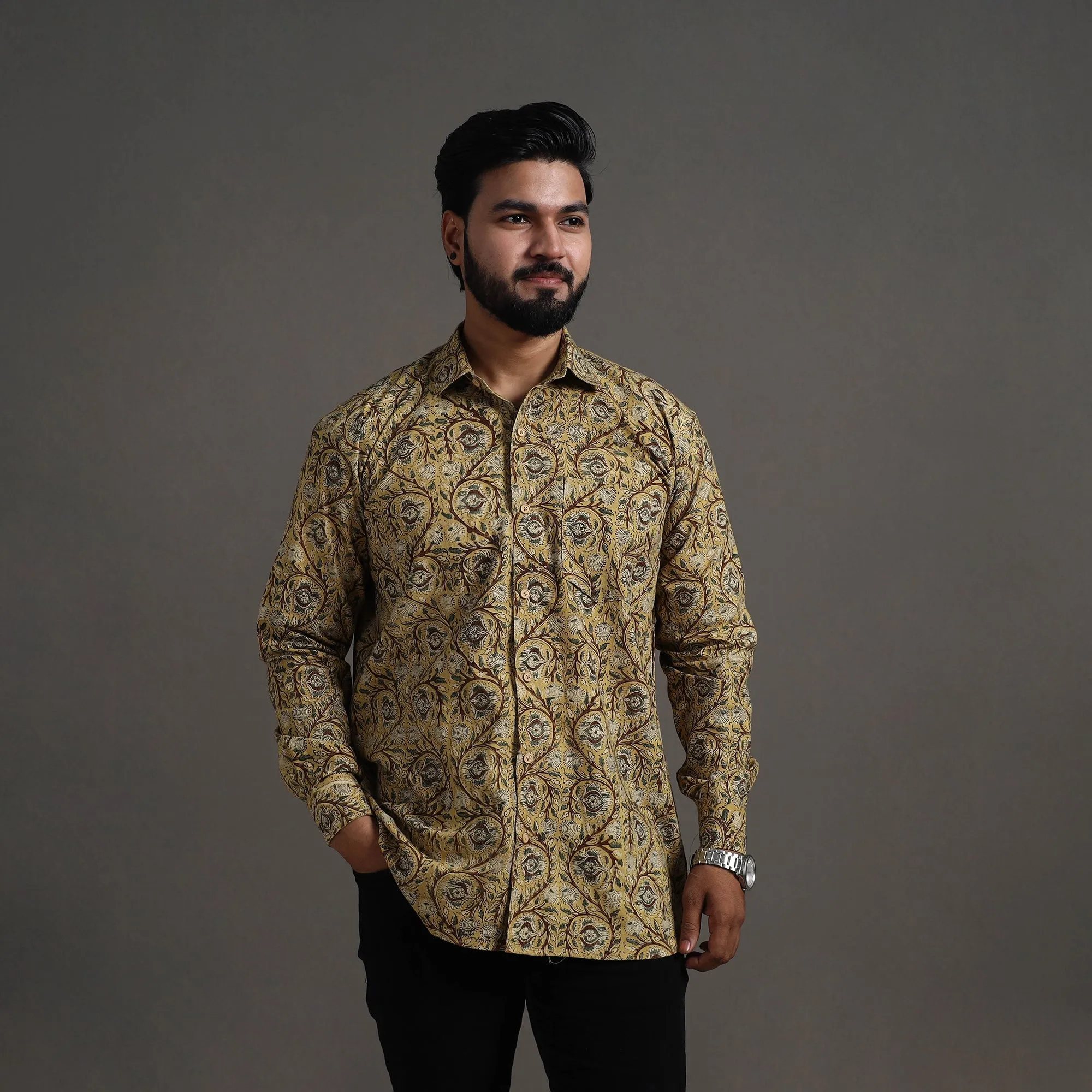 Yellow - Pedana Block Print Cotton Men Kalamkari Shirt 11 sold by Itokri product image thumbnail 3