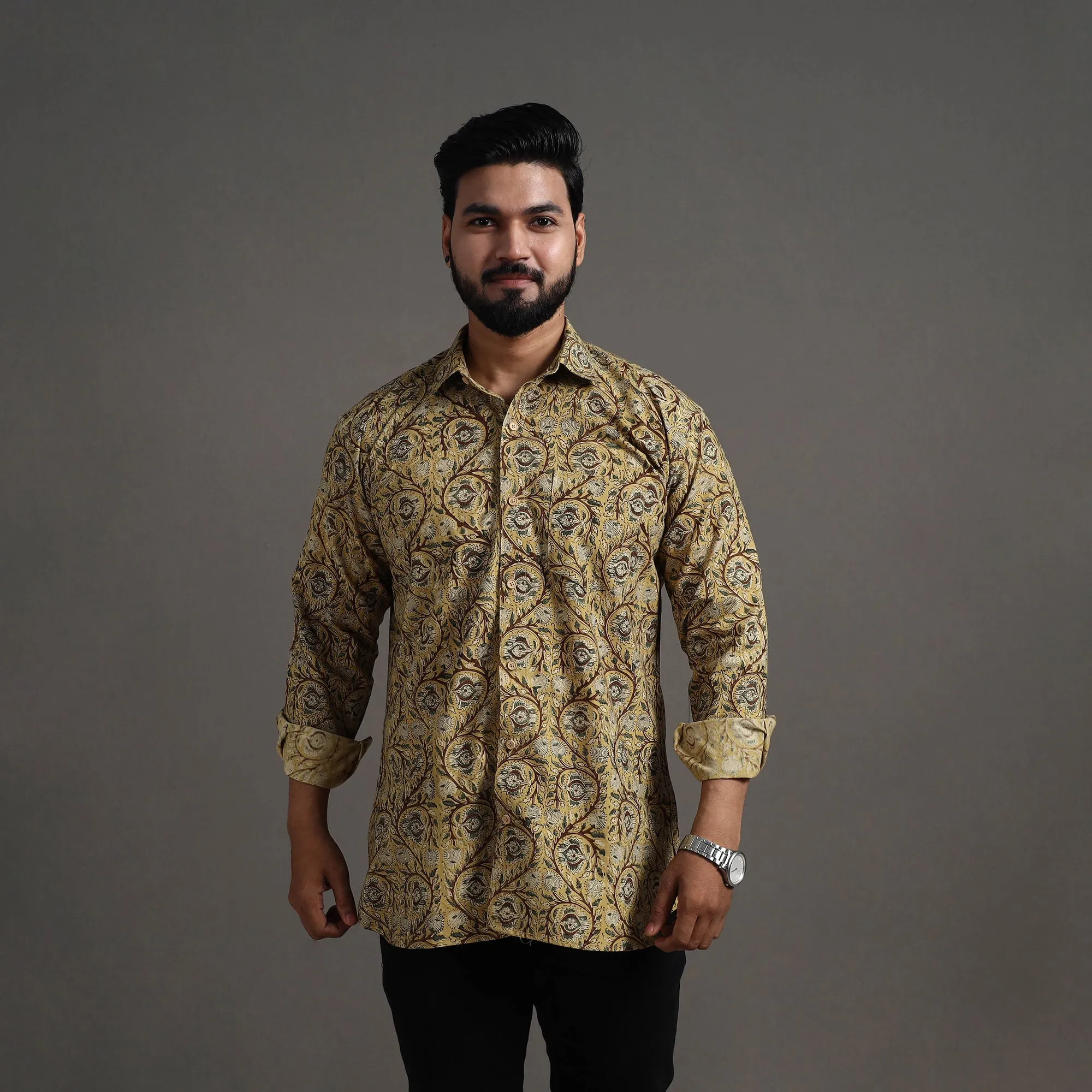 Yellow - Pedana Block Print Cotton Men Kalamkari Shirt 11 sold by Itokri
