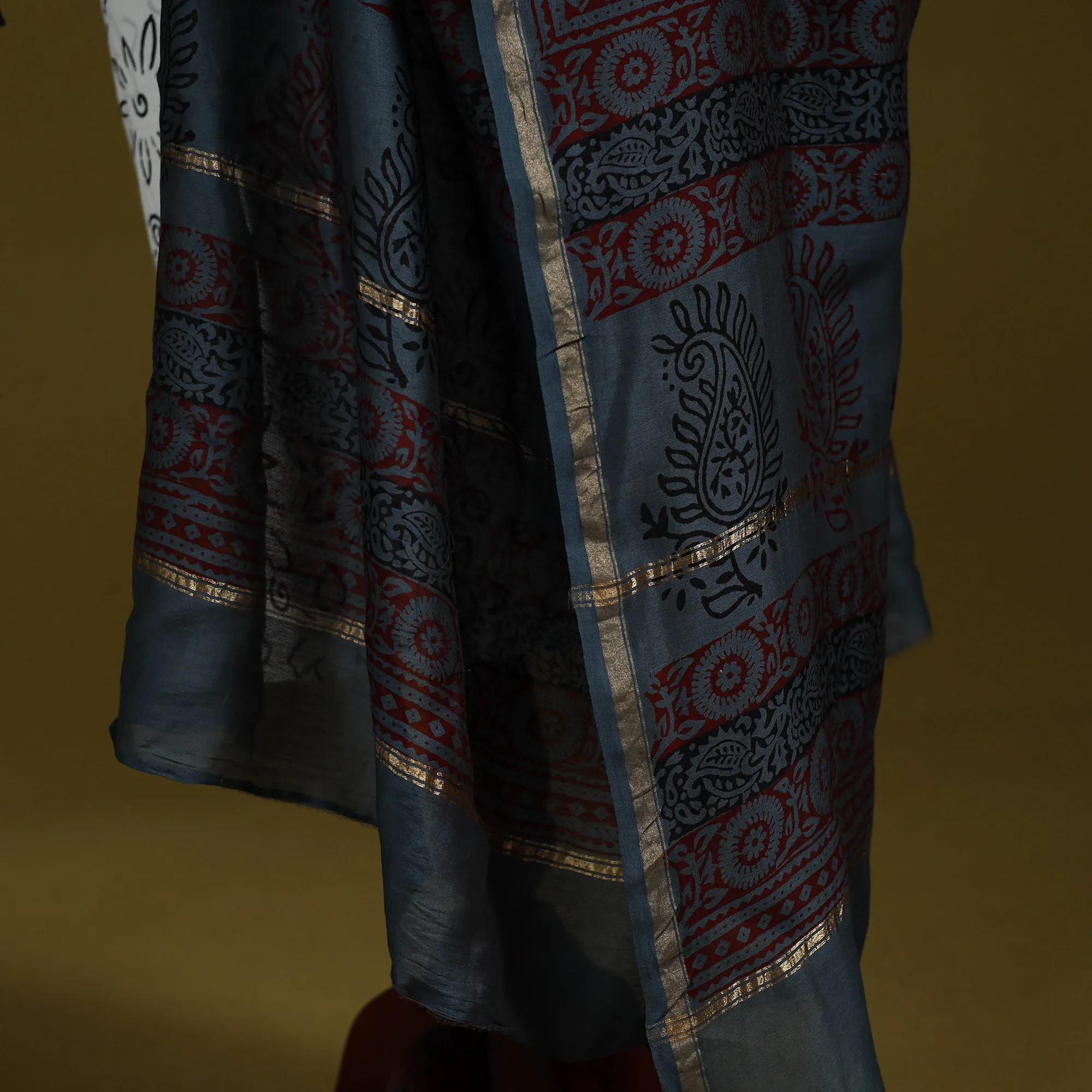 Blue - Natural Dyed Block Printed Chanderi Silk Bagh Dupatta 44 sold by Itokri product image thumbnail 4