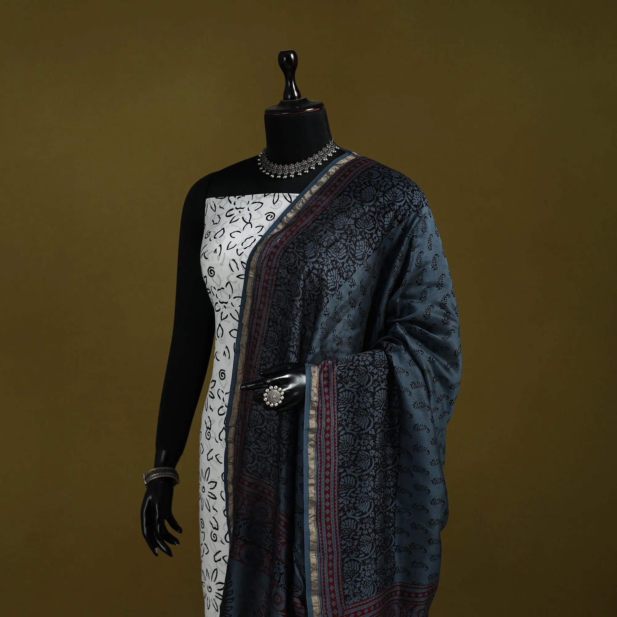 Blue - Natural Dyed Block Printed Chanderi Silk Bagh Dupatta 44 sold by Itokri product image thumbnail 2
