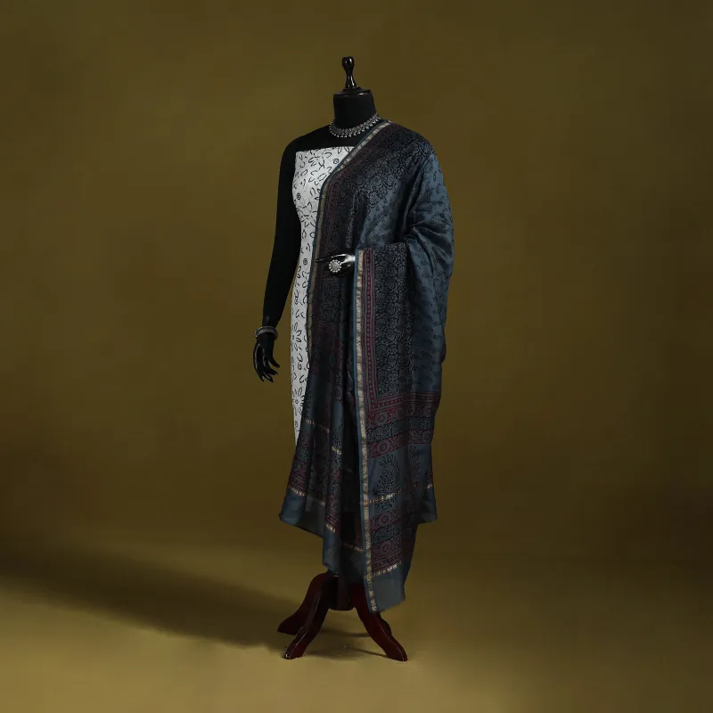 Blue - Natural Dyed Block Printed Chanderi Silk Bagh Dupatta 44 sold by Itokri