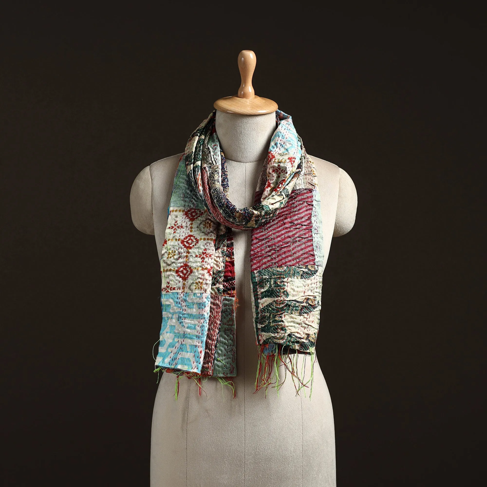 Multicolor - Patchwork Reversible Silk Bengal Hand Kantha Stitch Stole 62 sold by Itokri