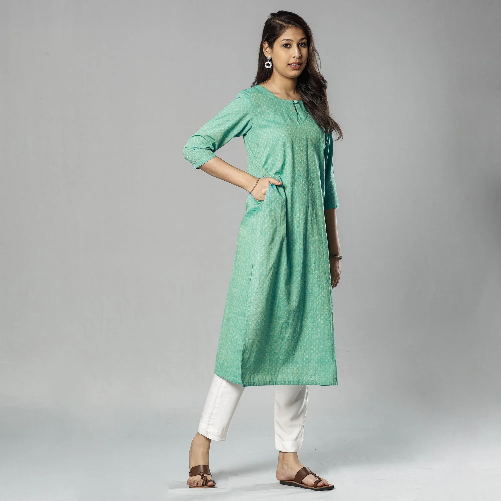 Mint Green Jacquard Cotton Long Kurta sold by Itokri